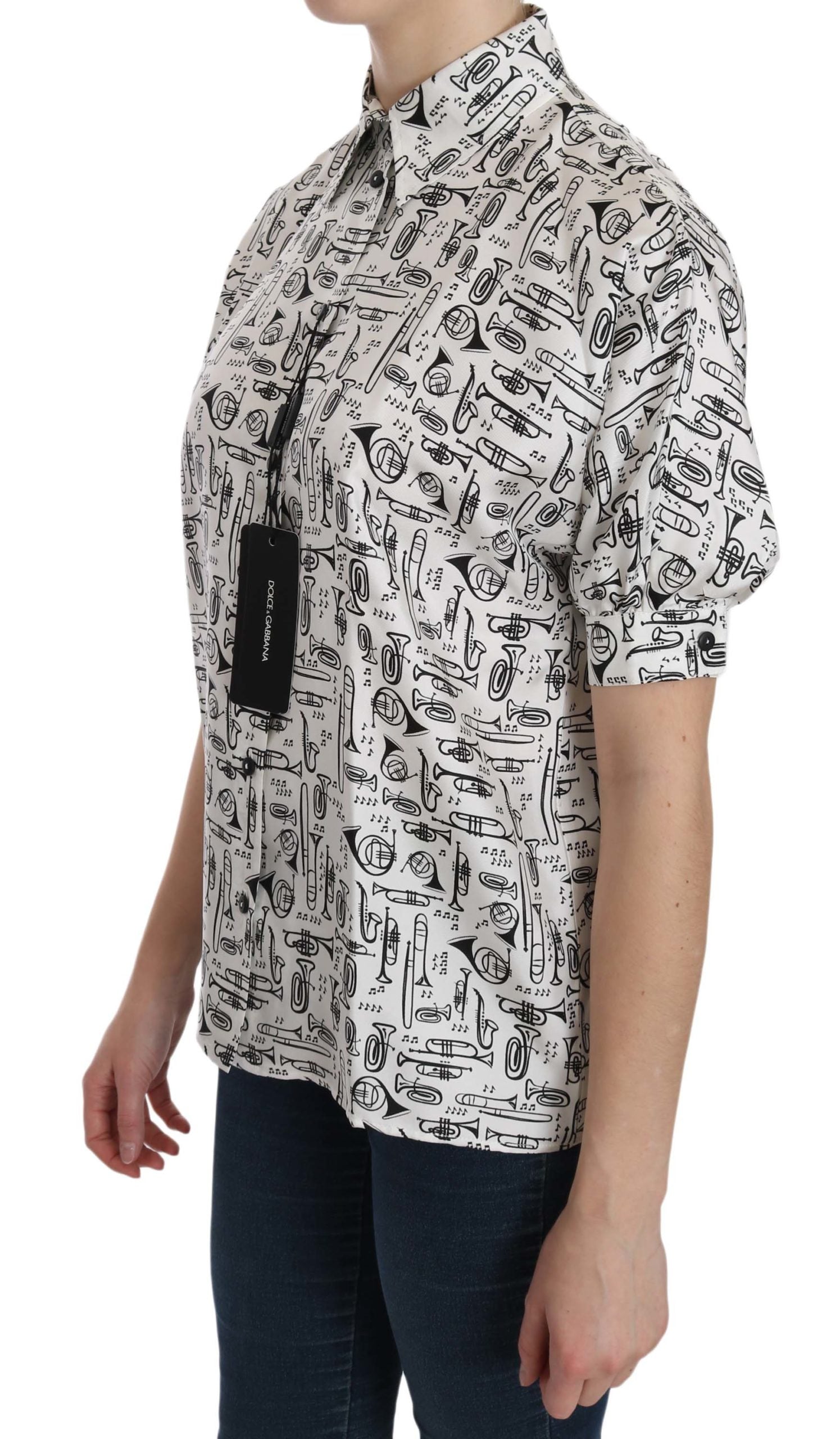 Dolce & Gabbana Musical Instrument Print Silk Collared Top - ACCEXO