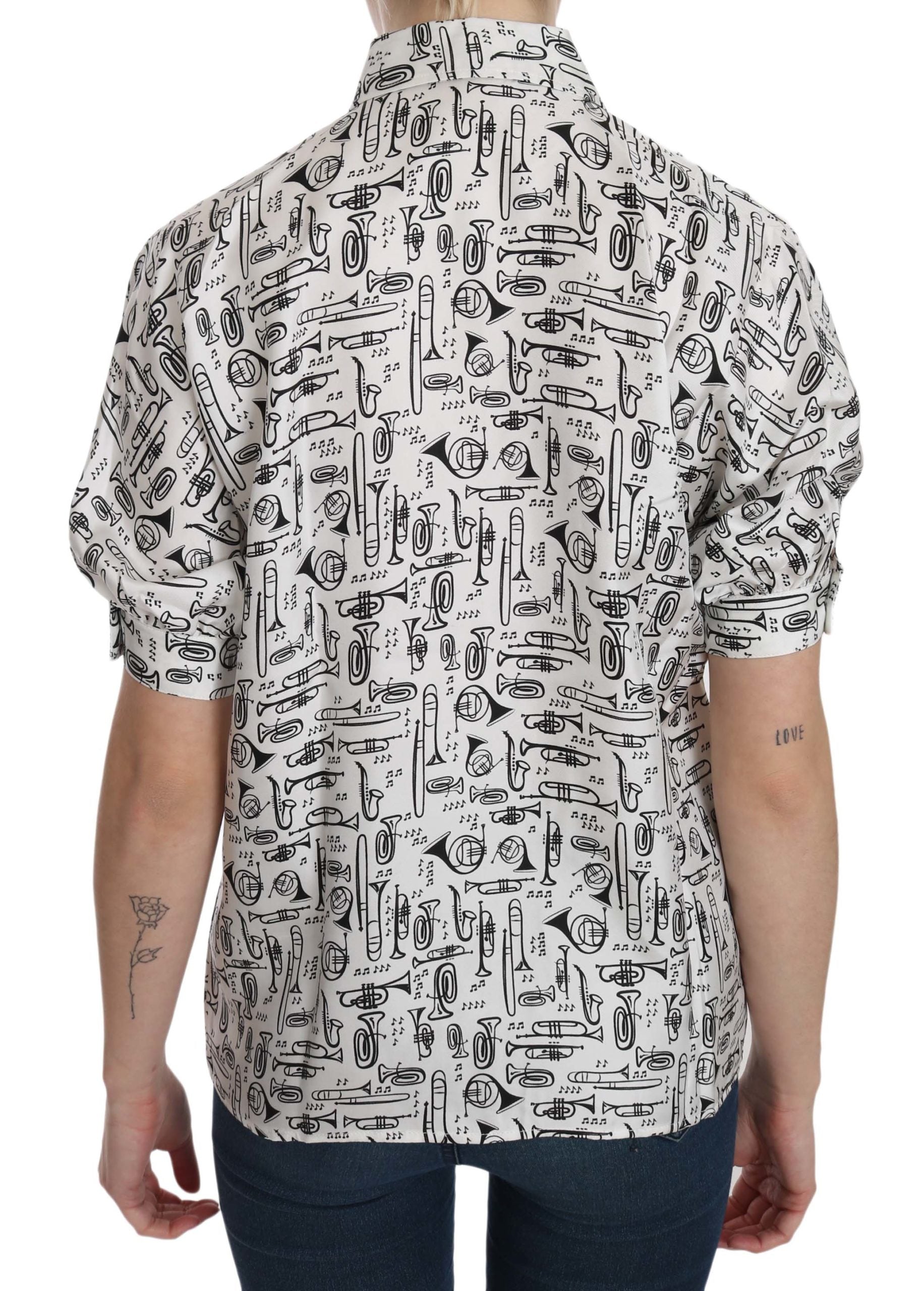 Dolce & Gabbana Musical Instrument Print Silk Collared Top - ACCEXO