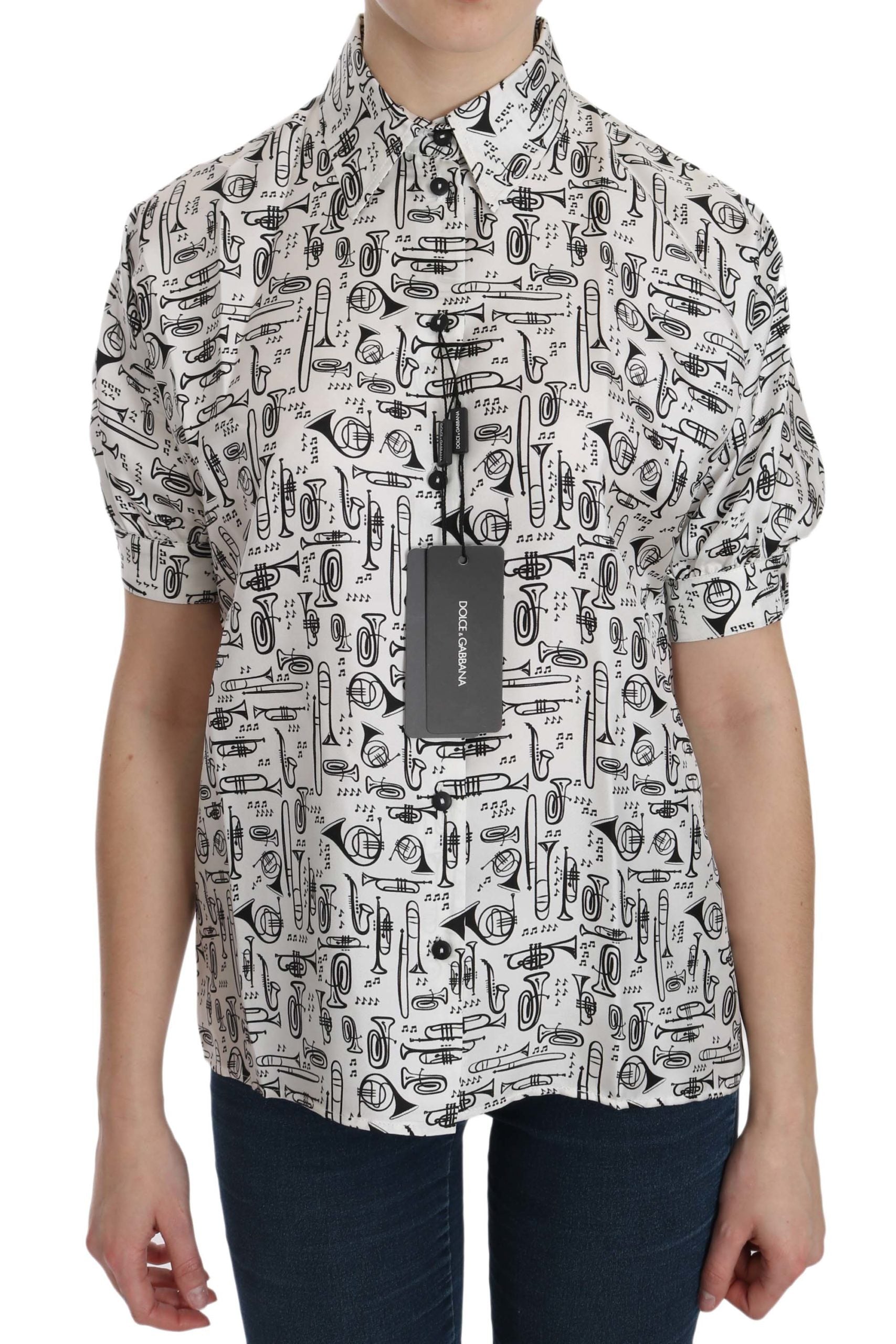 Dolce & Gabbana Musical Instrument Print Silk Collared Top - ACCEXO