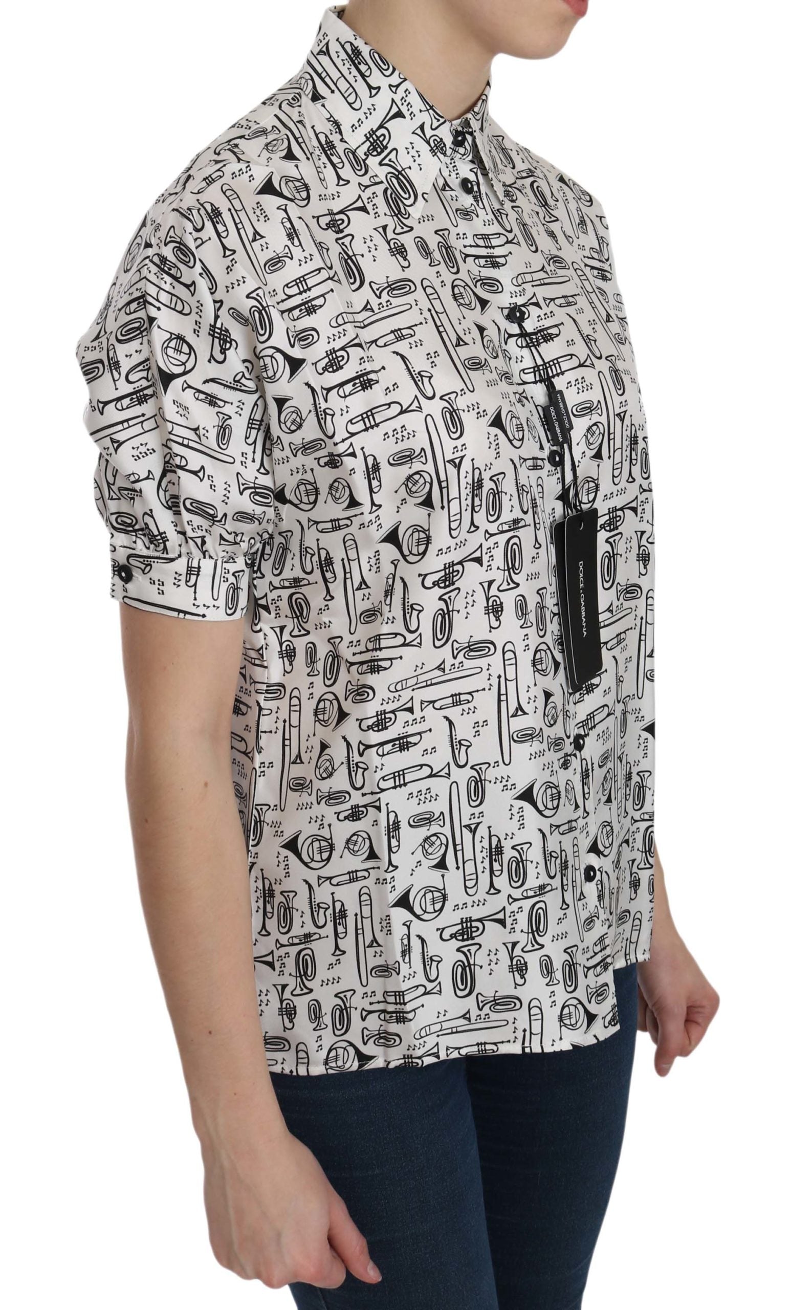 Dolce & Gabbana Musical Instrument Print Silk Collared Top - ACCEXO