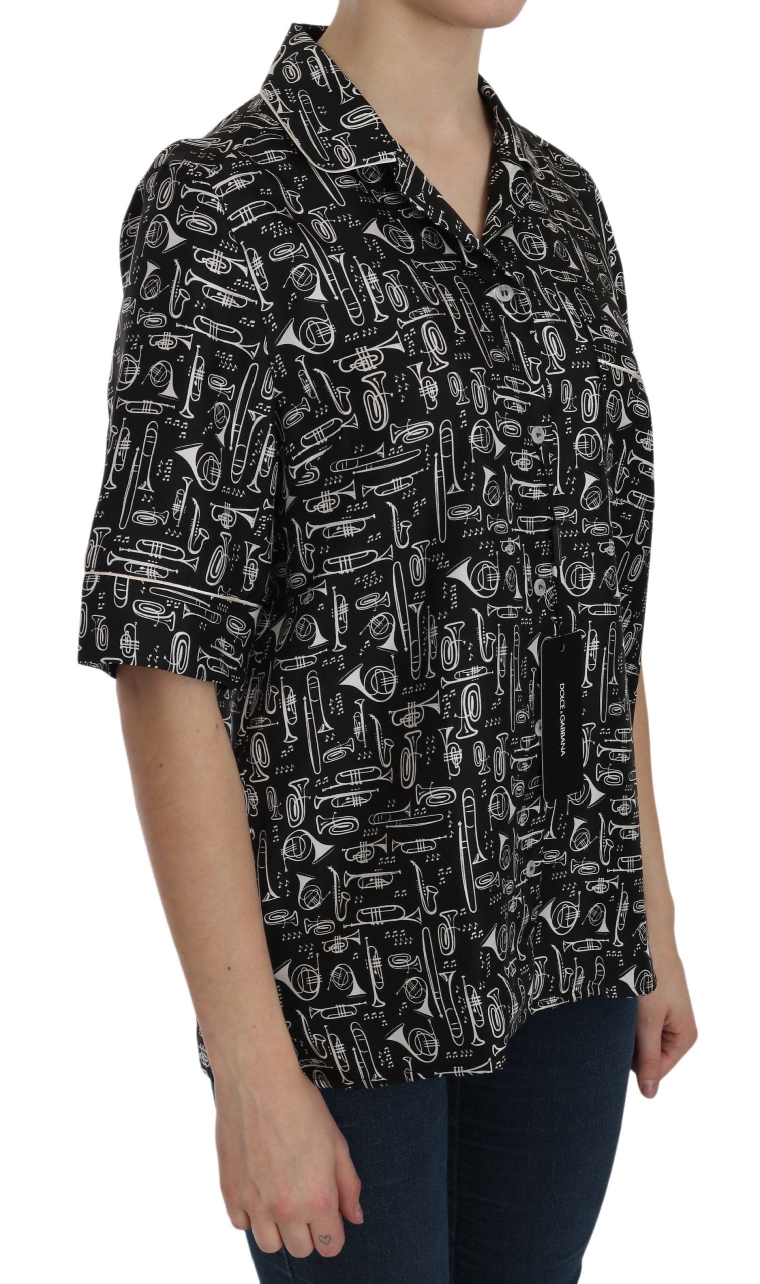 Dolce & Gabbana Musical Instrument Silk Collared Top - ACCEXO
