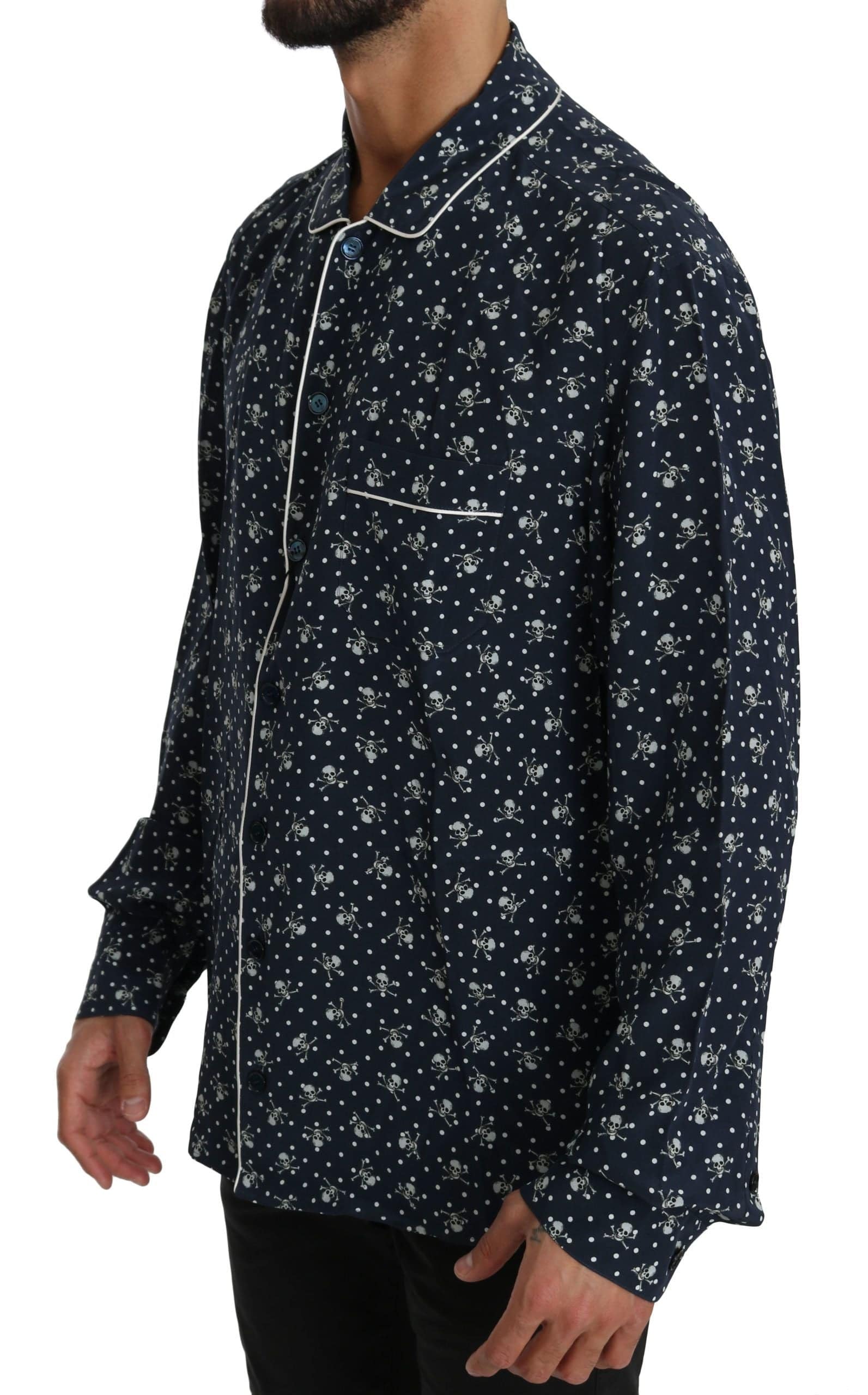 Dolce & Gabbana Silken Elegance: Blue Skull Print Lounge Shirt - ACCEXO