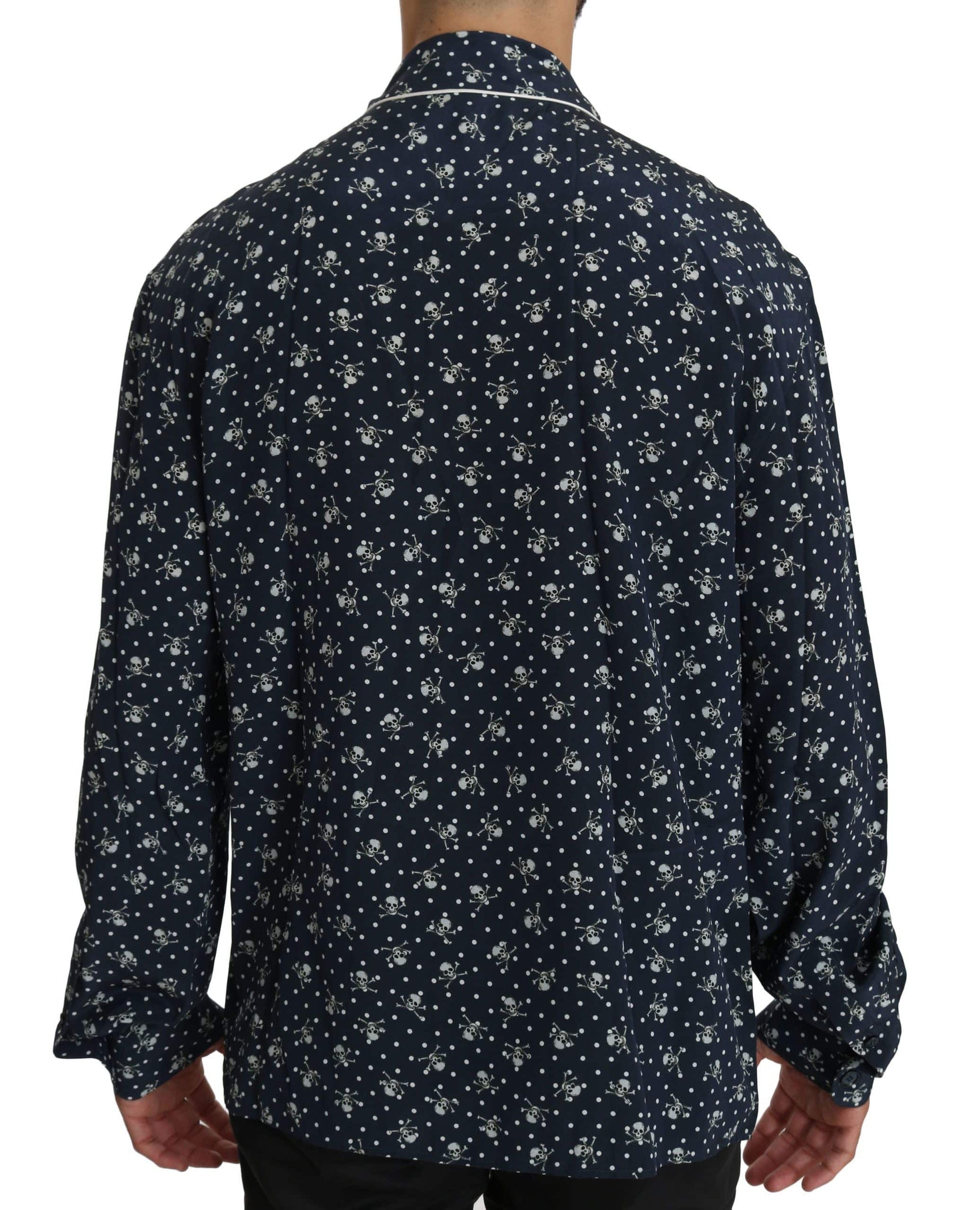 Dolce & Gabbana Silken Elegance: Blue Skull Print Lounge Shirt - ACCEXO