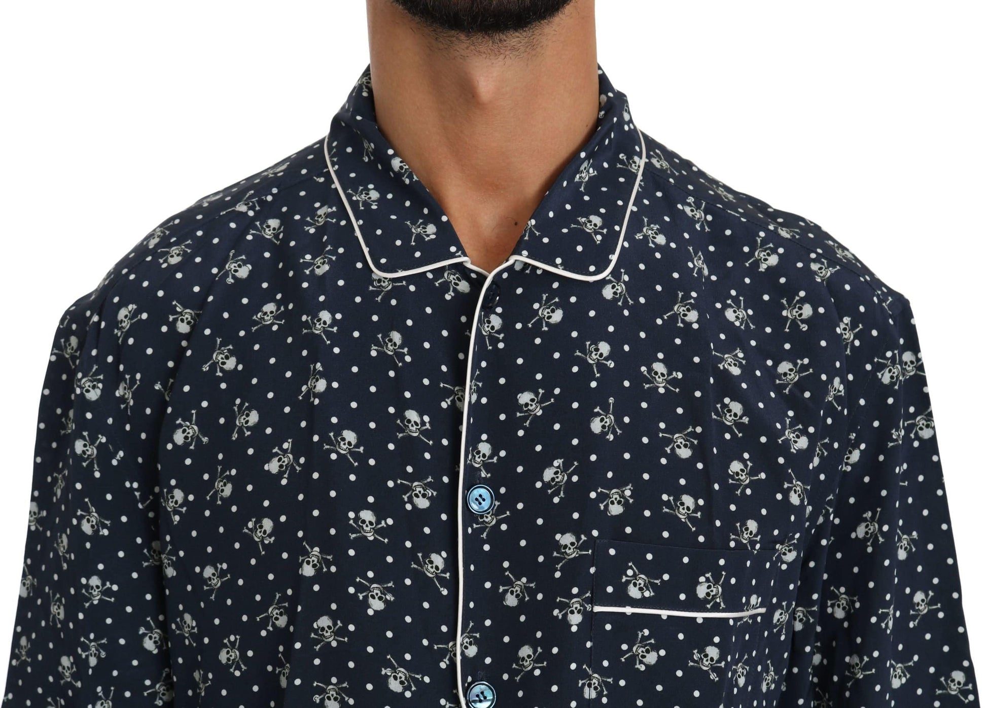 Dolce & Gabbana Silken Elegance: Blue Skull Print Lounge Shirt - ACCEXO