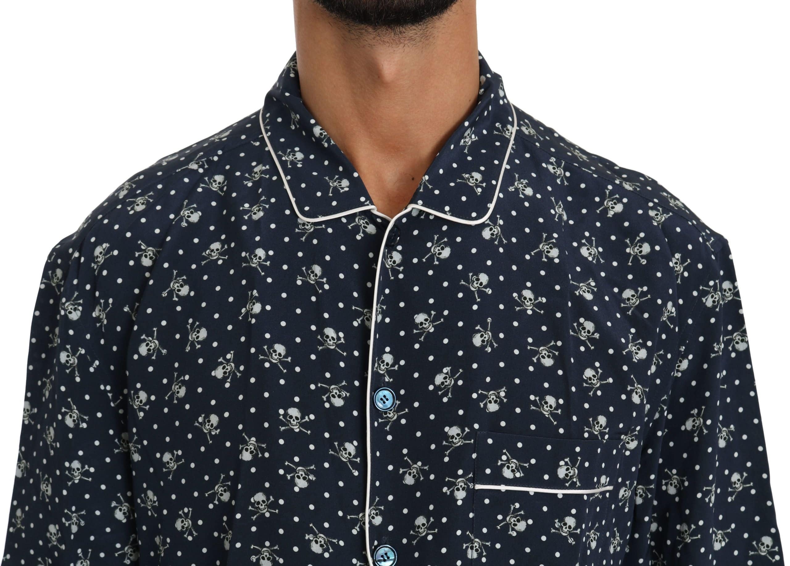 Dolce & Gabbana Silken Elegance: Blue Skull Print Lounge Shirt - ACCEXO