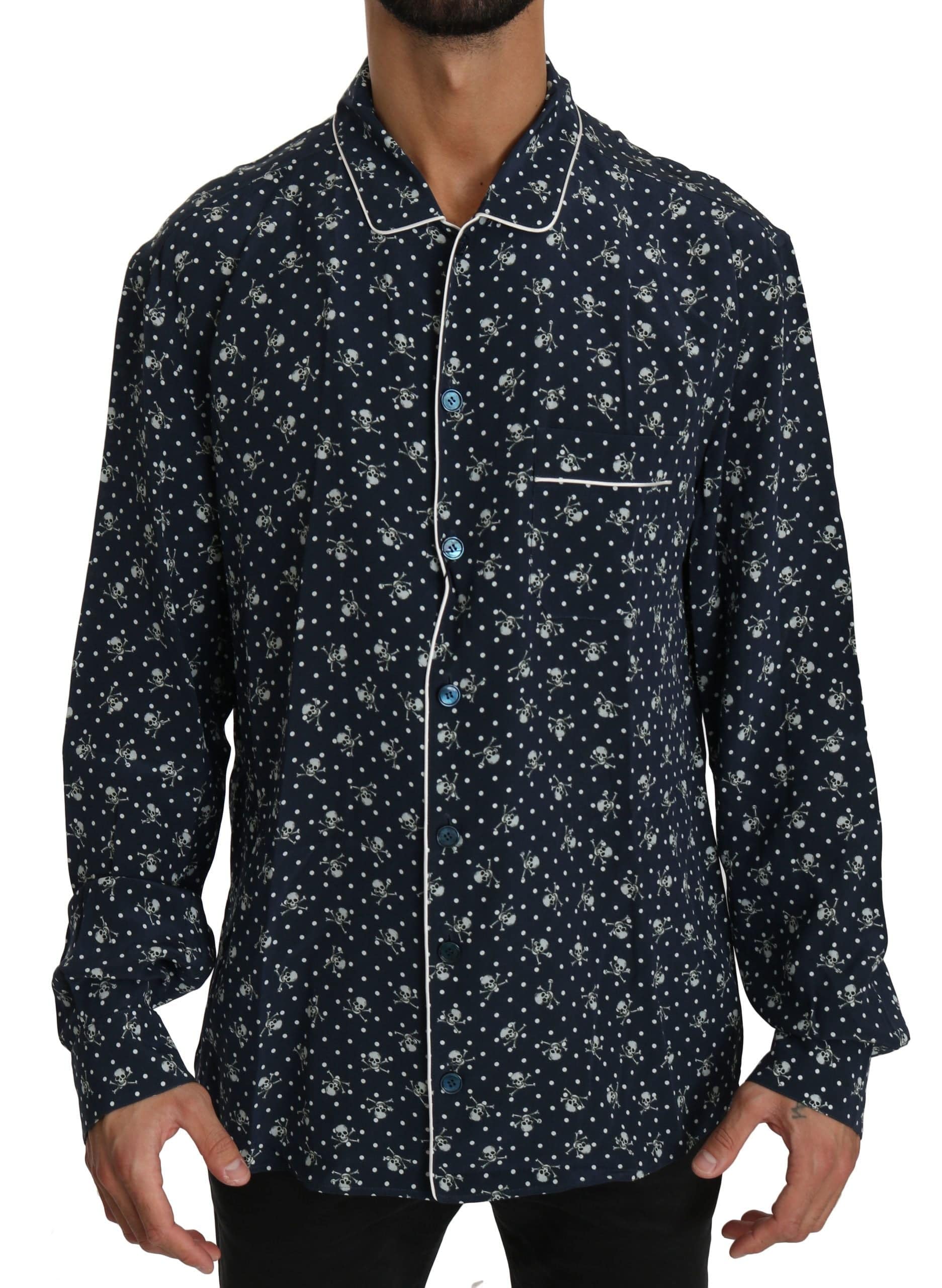 Dolce & Gabbana Silken Elegance: Blue Skull Print Lounge Shirt - ACCEXO