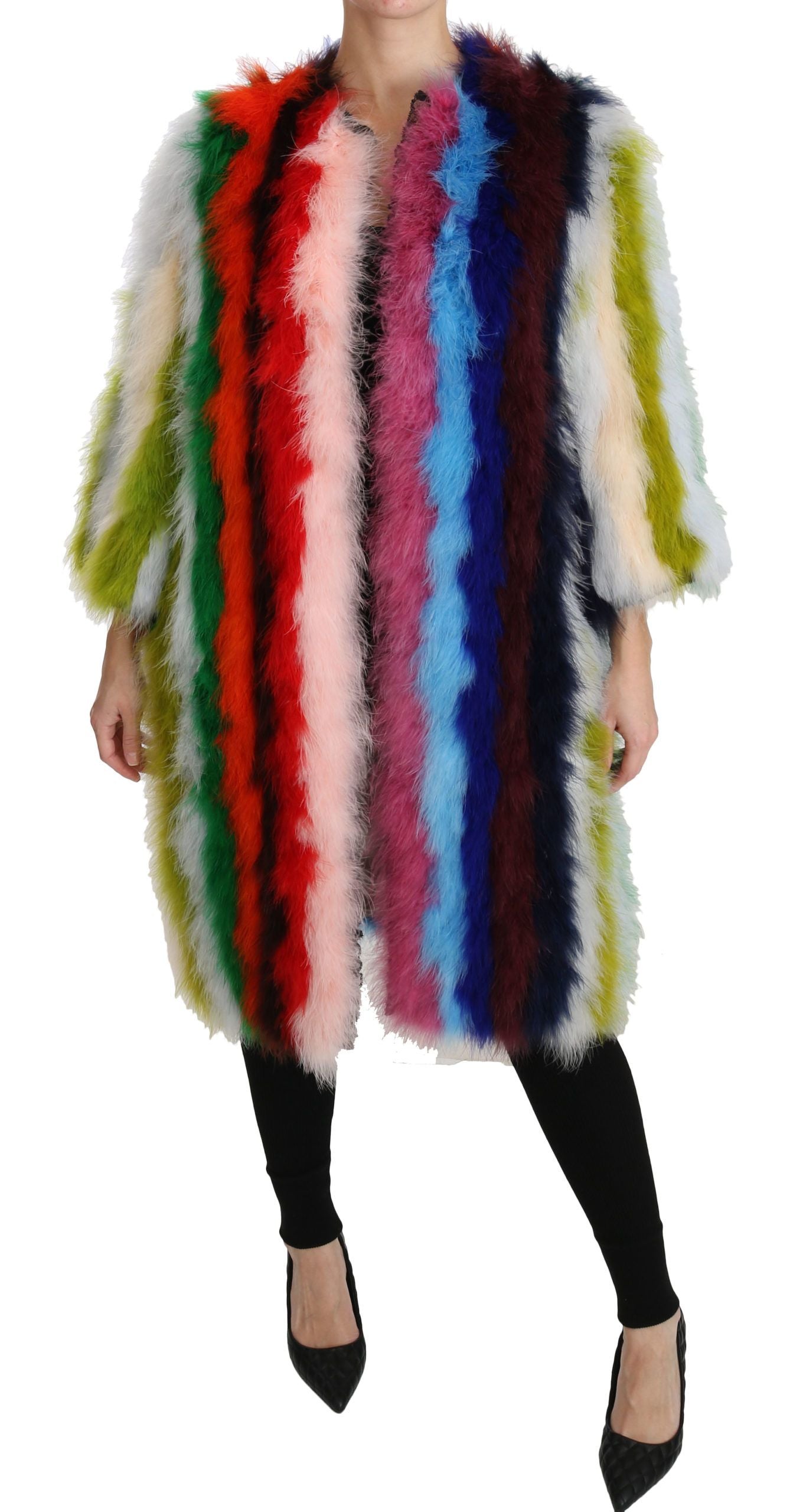 Dolce & Gabbana Elegant Multicolor Feather Long Coat Jacket - ACCEXO