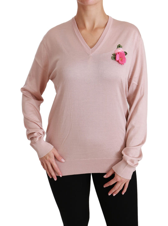 Dolce & Gabbana Pink Floral Silk V-Neck Sweater