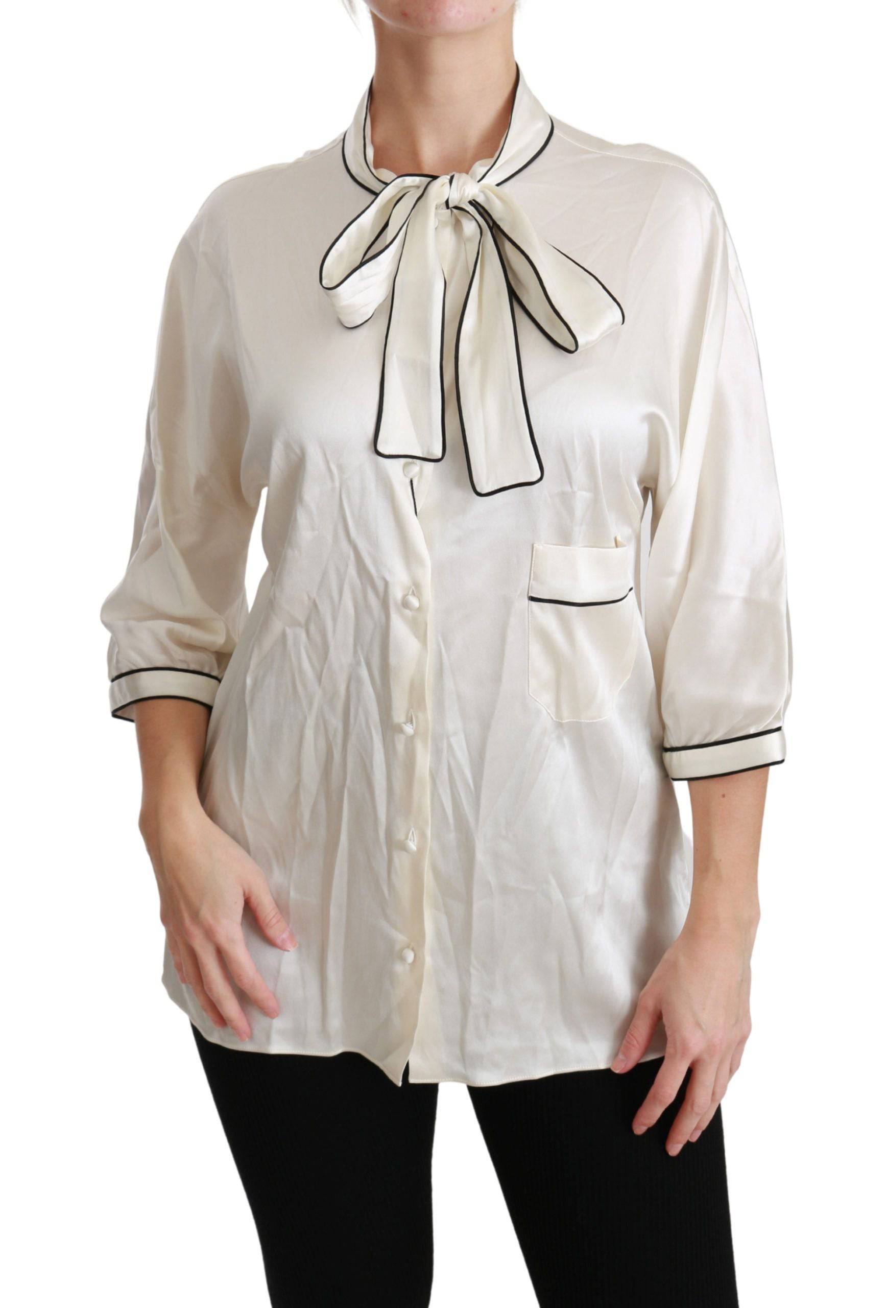 Dolce & Gabbana Elegant Beige Silk Blouse with Bow Scarf - ACCEXO