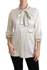 Dolce & Gabbana Elegant Beige Silk Blouse with Bow Scarf - ACCEXO