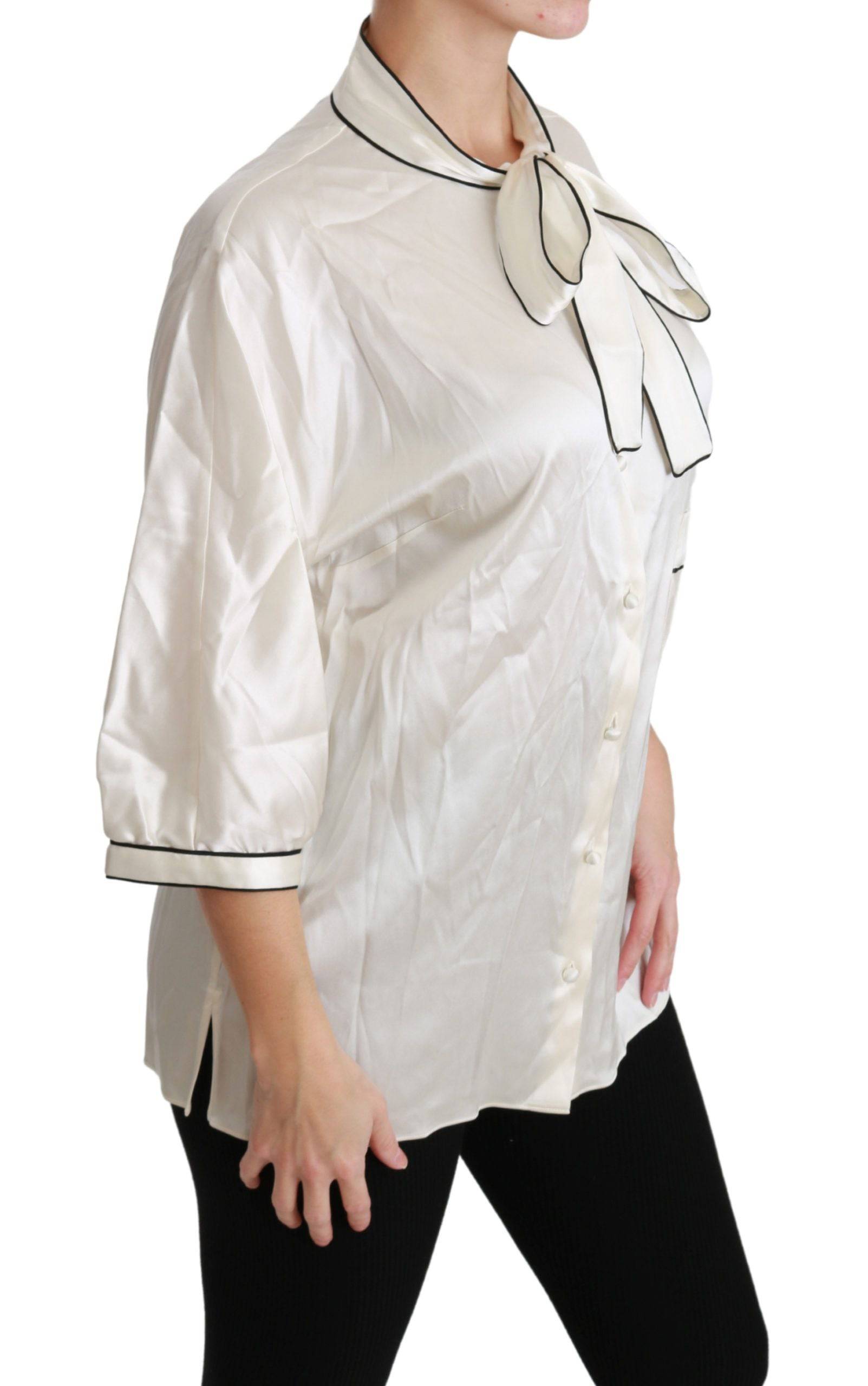 Dolce & Gabbana Elegant Beige Silk Blouse with Bow Scarf - ACCEXO