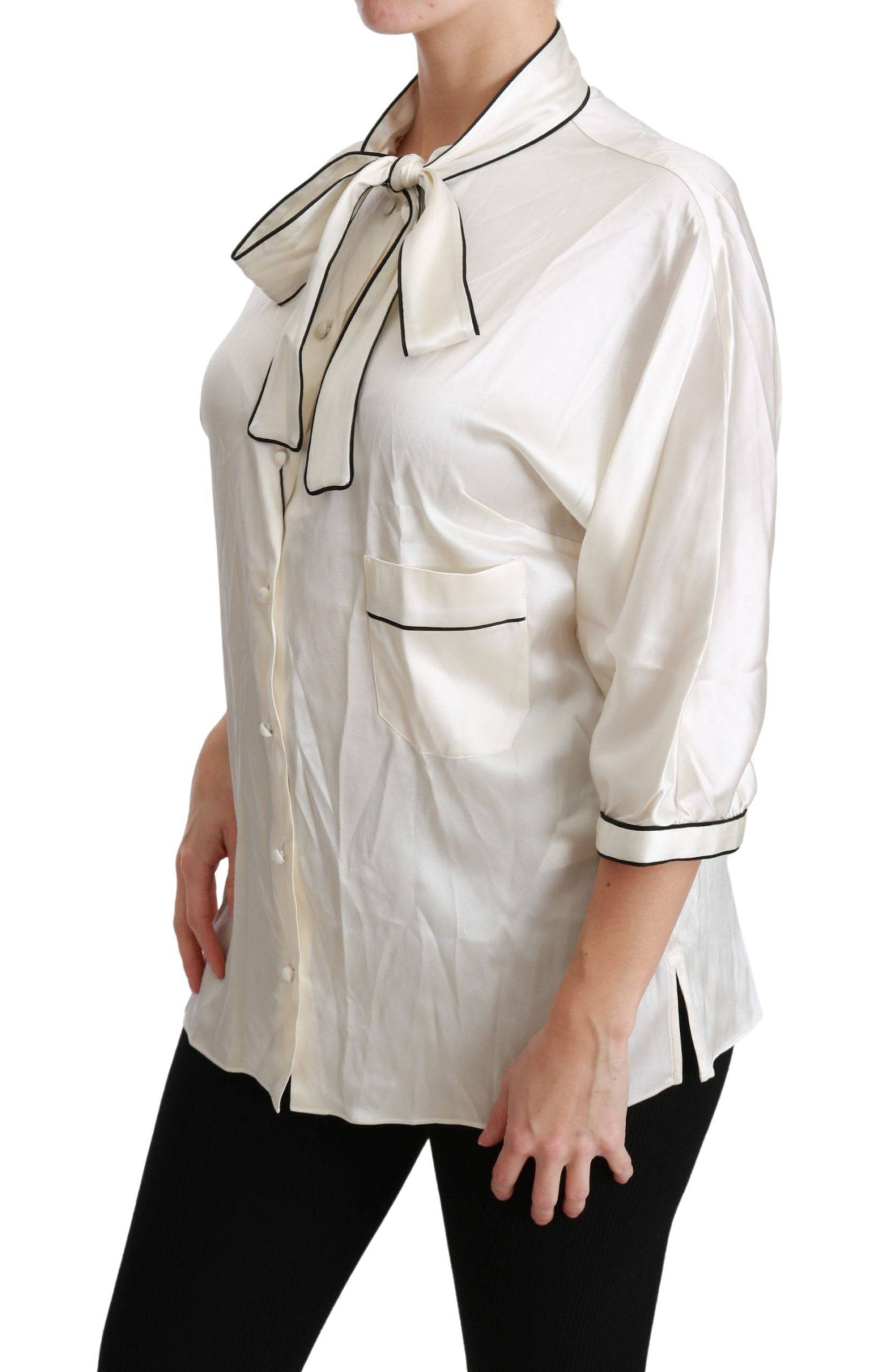 Dolce & Gabbana Elegant Beige Silk Blouse with Bow Scarf - ACCEXO