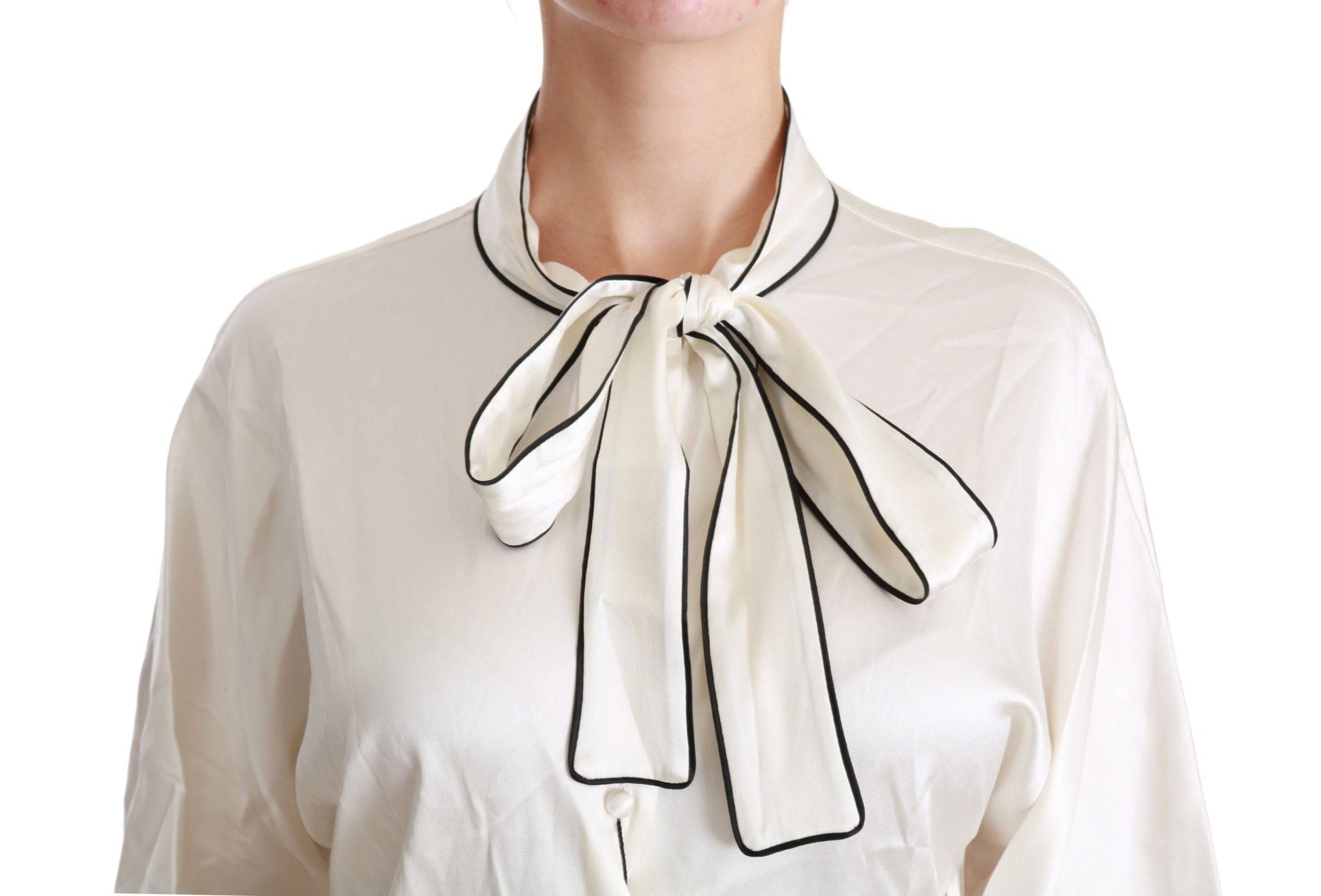 Dolce & Gabbana Elegant Beige Silk Blouse with Bow Scarf - ACCEXO