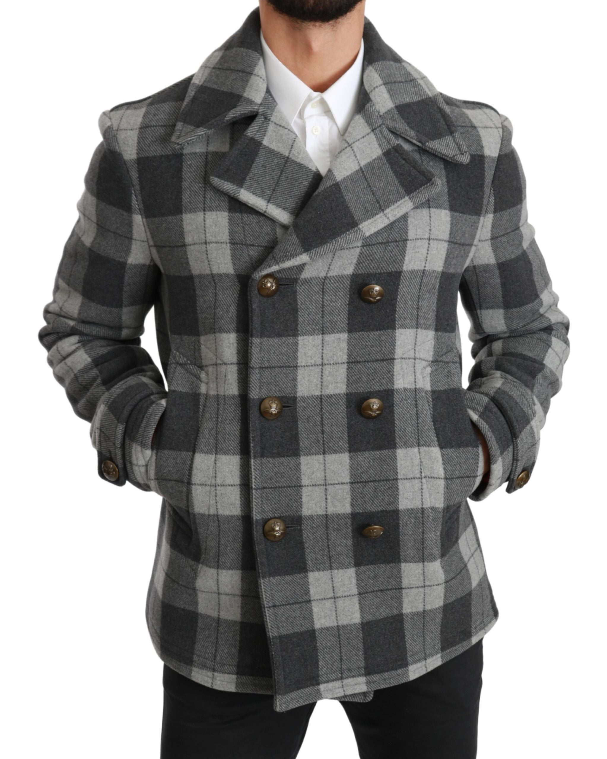 Dolce & Gabbana Elegant Gray Check Double Breasted Coat - ACCEXO