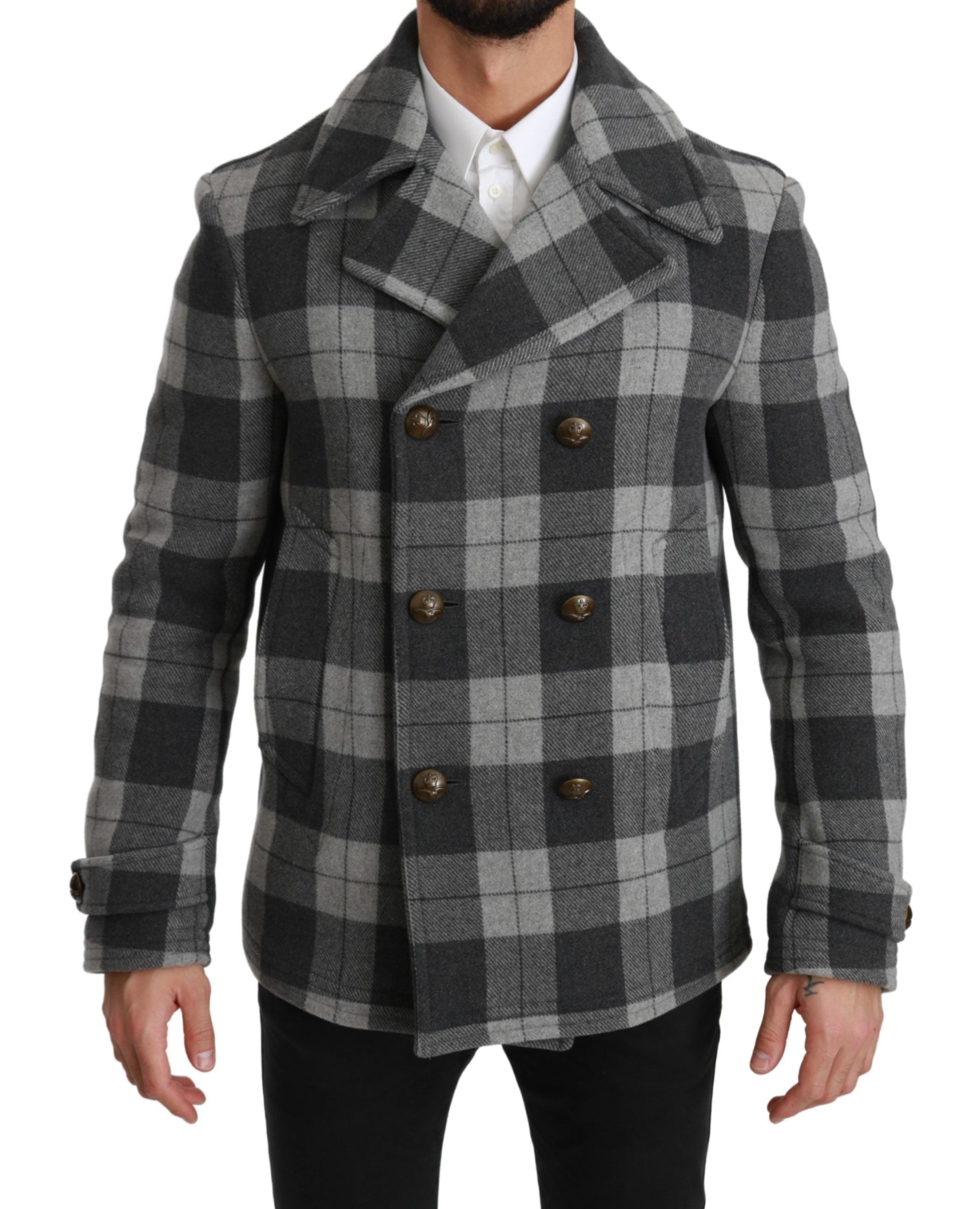 Dolce & Gabbana Elegant Gray Check Double Breasted Coat - ACCEXO