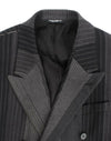 Elegant Gray Striped Wool Slim Blazer