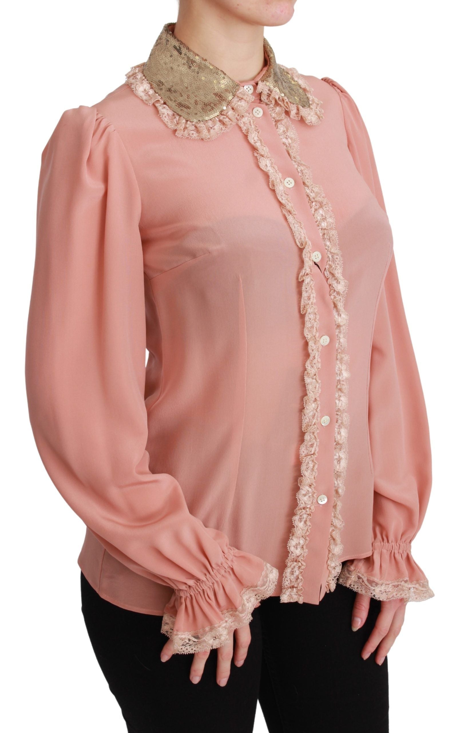 Dolce & Gabbana Elegant Pink Lace Silk Blouse with Gold Sequins - ACCEXO
