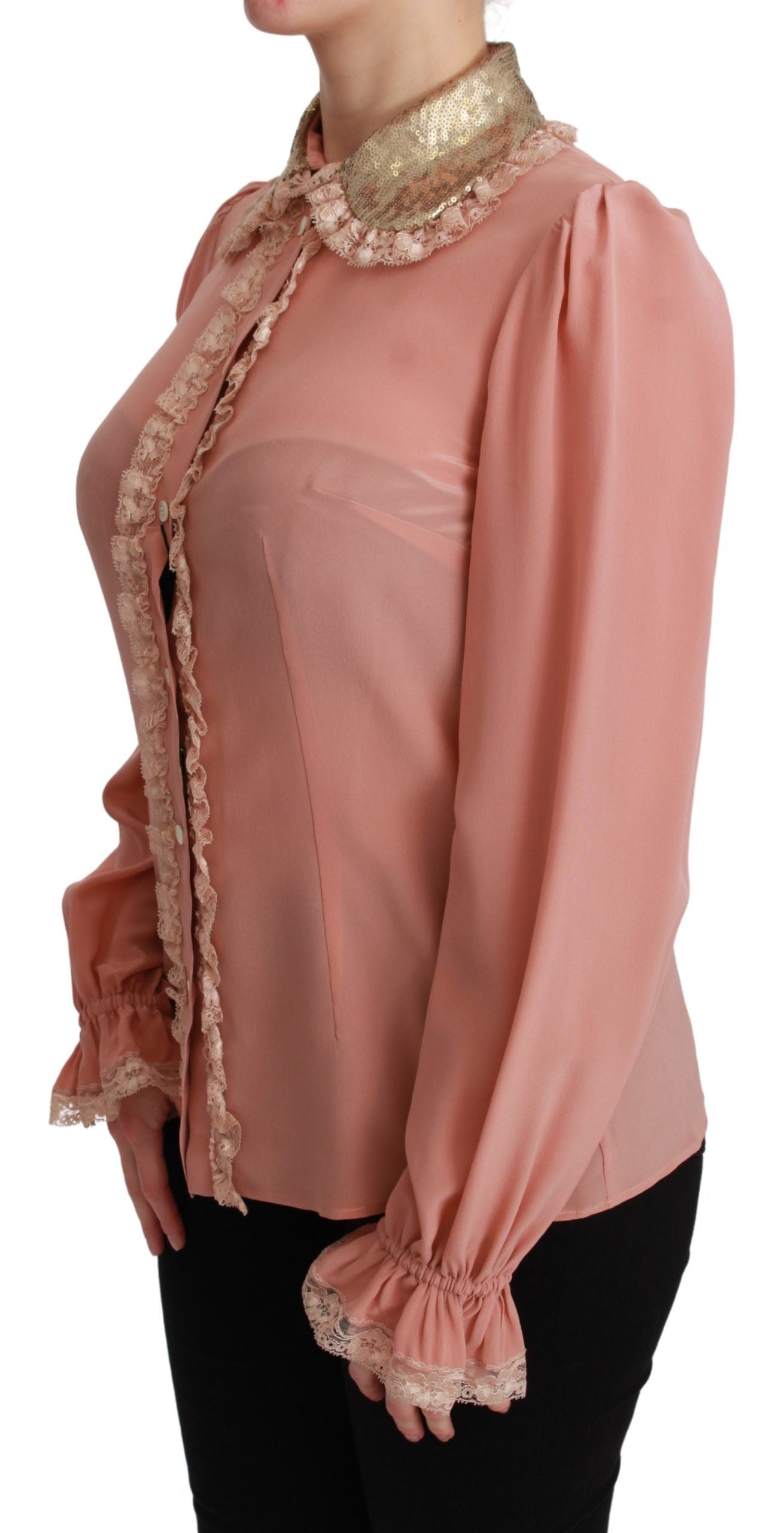 Dolce & Gabbana Elegant Pink Lace Silk Blouse with Gold Sequins - ACCEXO