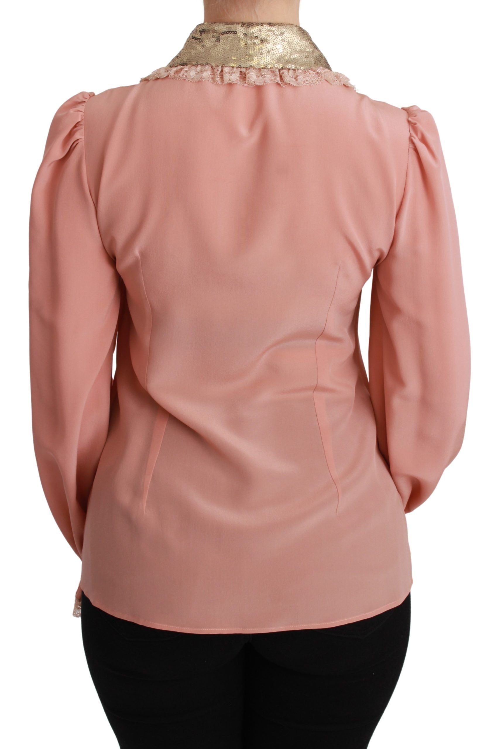 Dolce & Gabbana Elegant Pink Lace Silk Blouse with Gold Sequins - ACCEXO