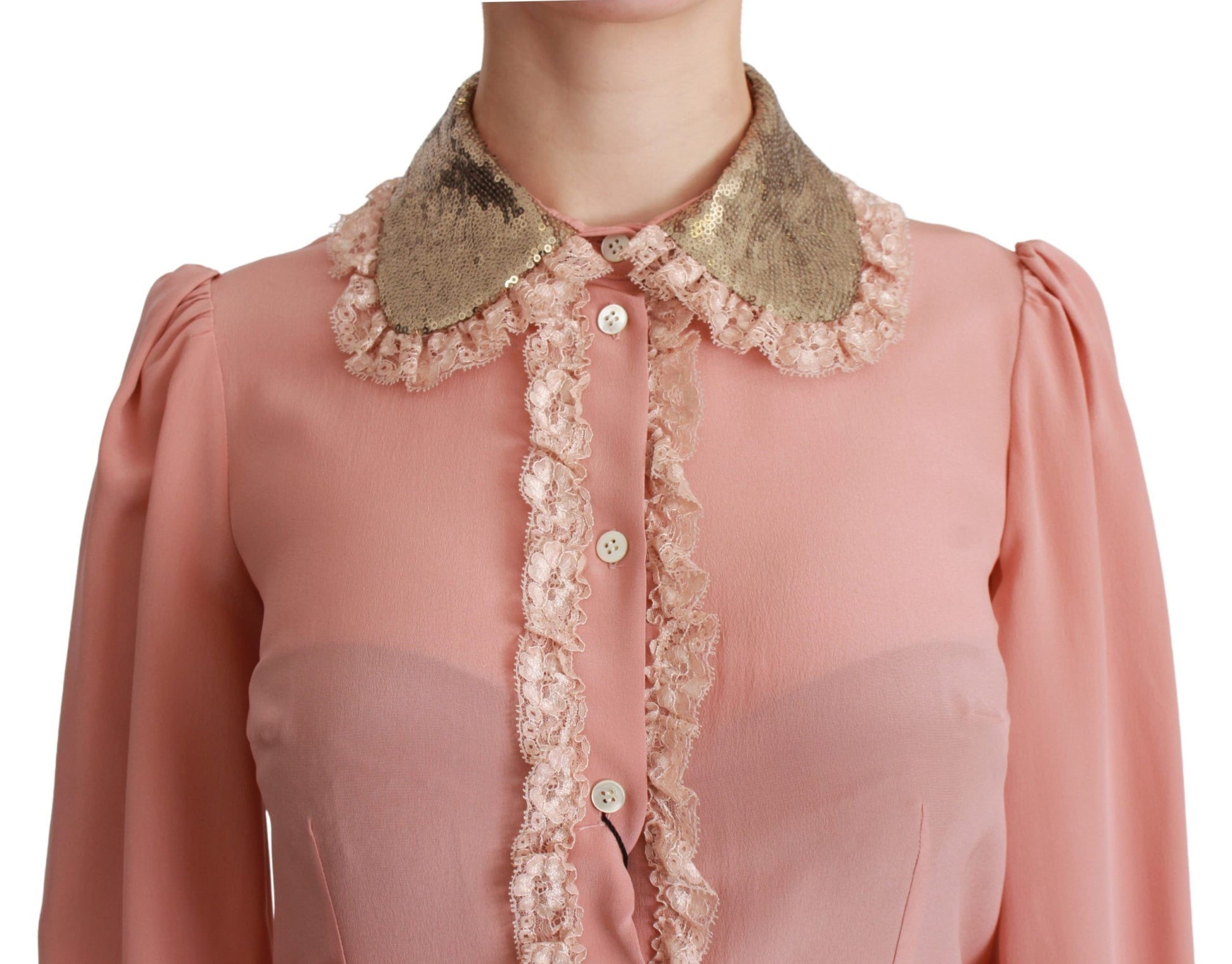 Dolce & Gabbana Elegant Pink Lace Silk Blouse with Gold Sequins - ACCEXO