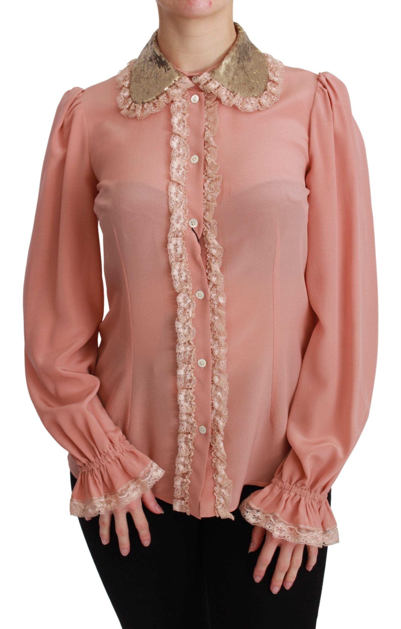 Dolce & Gabbana Elegant Pink Lace Silk Blouse with Gold Sequins - ACCEXO