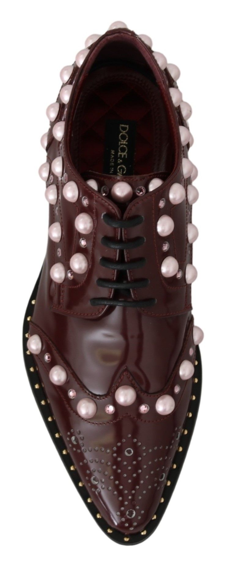 Dolce & Gabbana Elegant Bordeaux Lace-Up Flats with Pearls and Crystals - ACCEXO