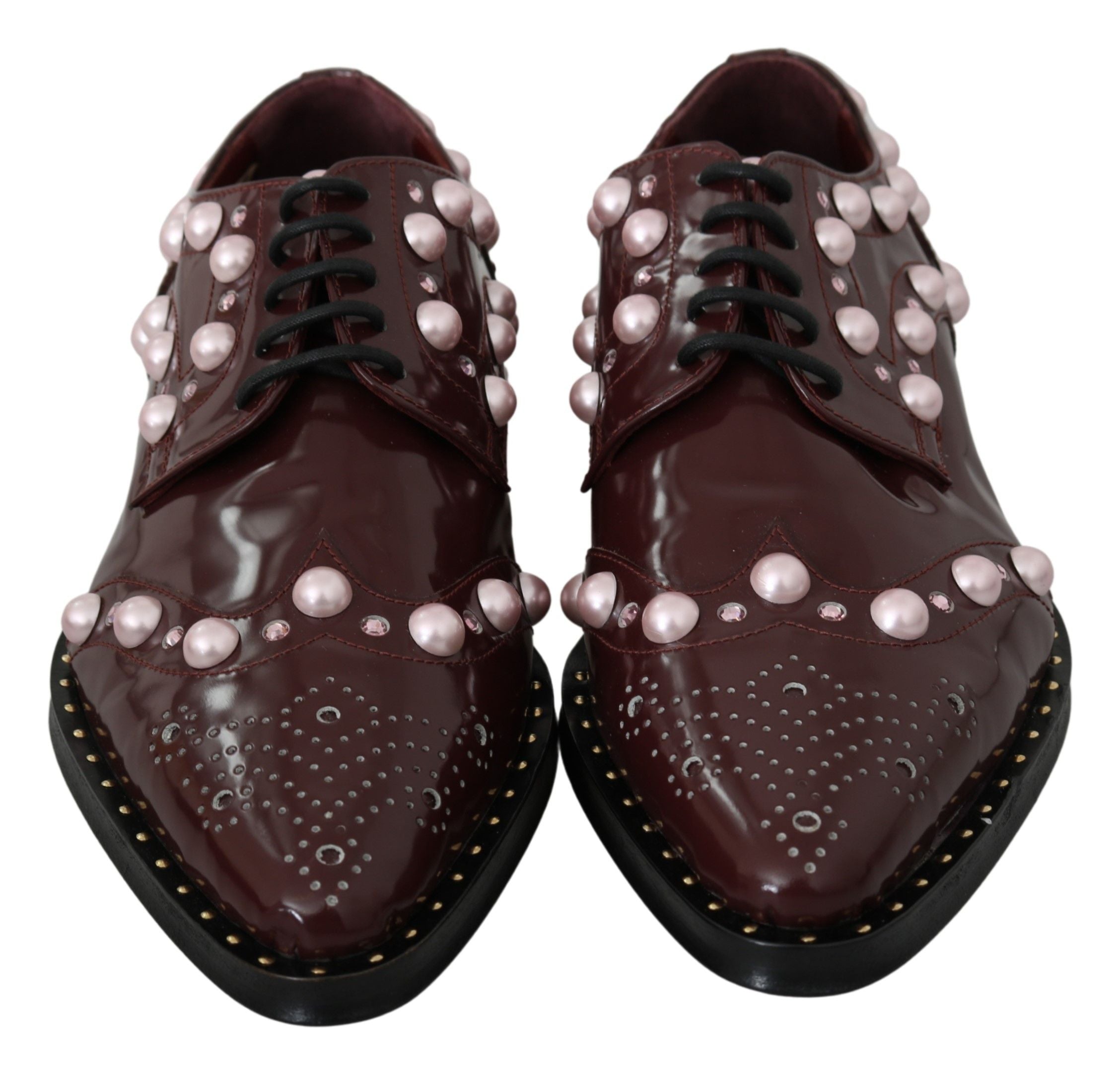 Dolce & Gabbana Elegant Bordeaux Lace-Up Flats with Pearls and Crystals - ACCEXO