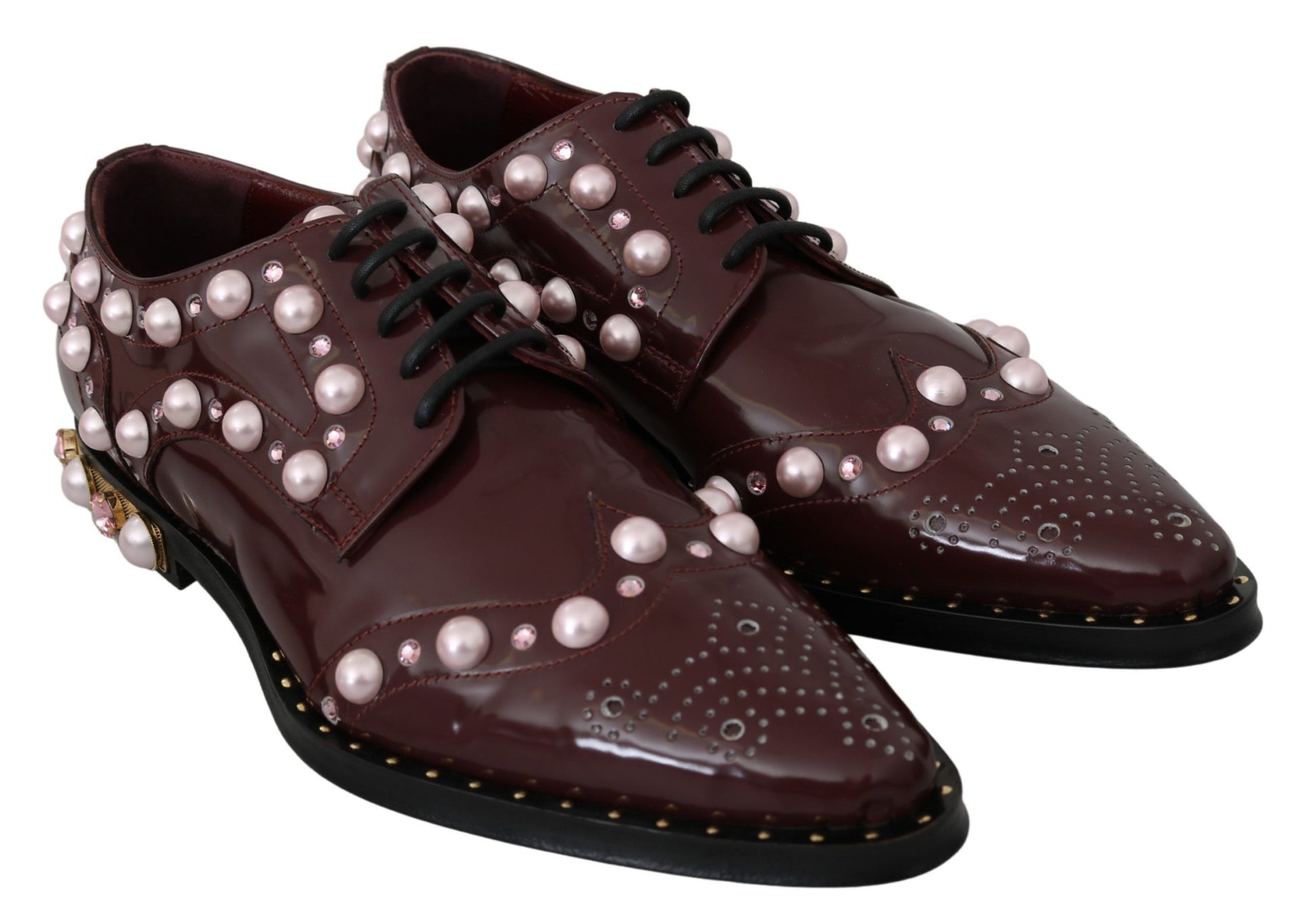Dolce & Gabbana Elegant Bordeaux Lace-Up Flats with Pearls and Crystals - ACCEXO