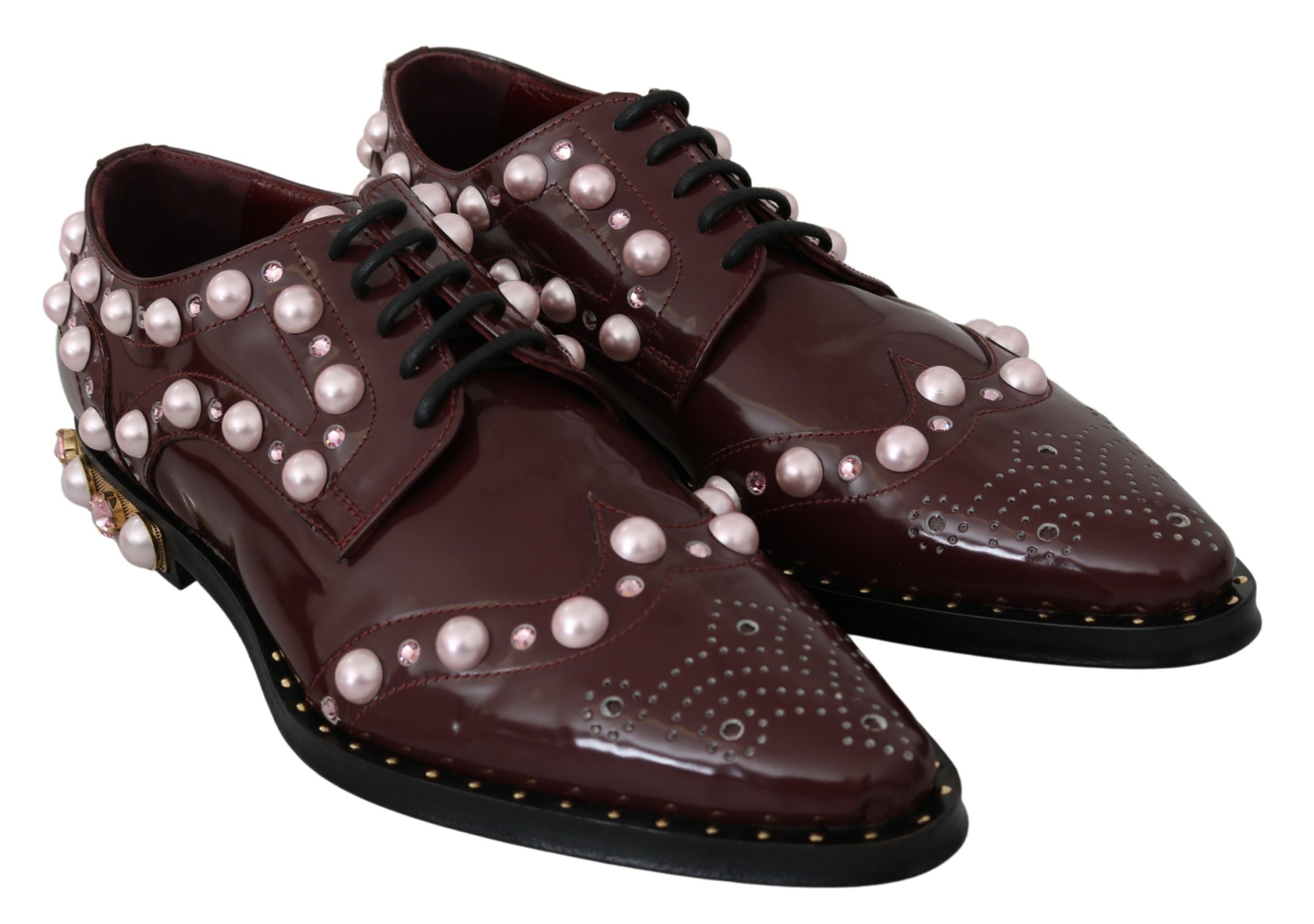 Dolce & Gabbana Elegant Bordeaux Lace-Up Flats with Pearls and Crystals - ACCEXO