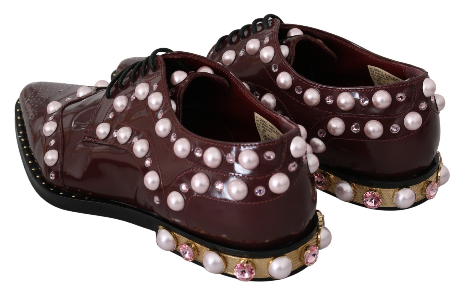 Dolce & Gabbana Elegant Bordeaux Lace-Up Flats with Pearls and Crystals - ACCEXO