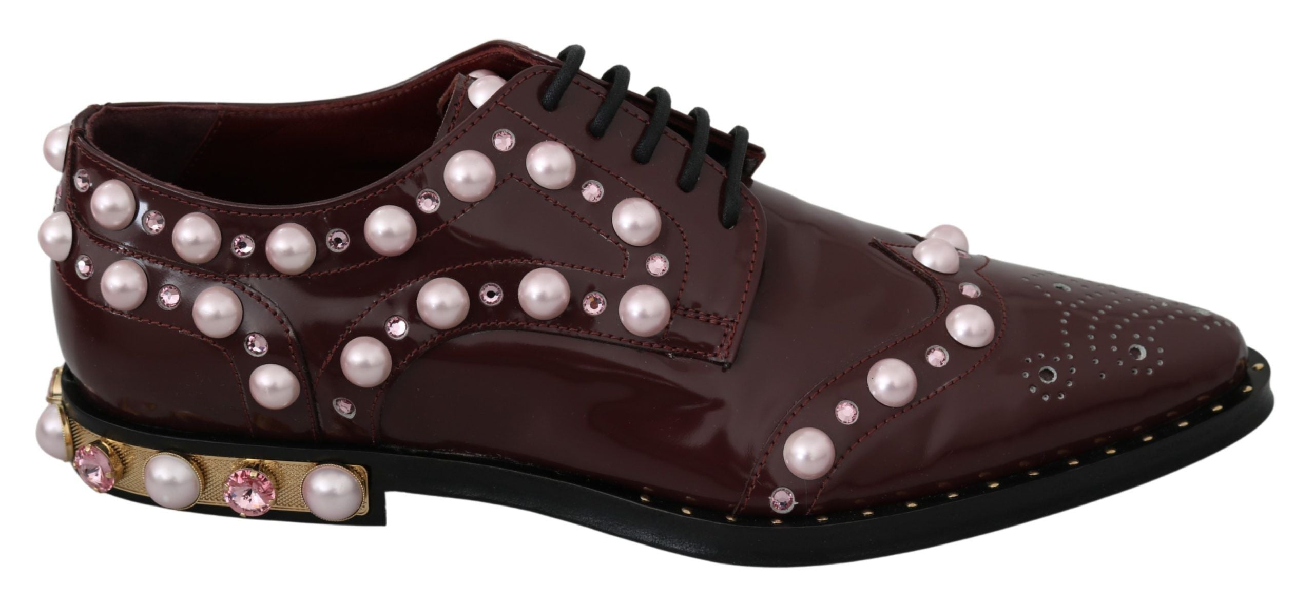 Dolce & Gabbana Elegant Bordeaux Lace-Up Flats with Pearls and Crystals - ACCEXO