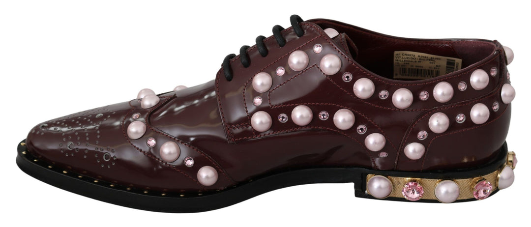 Dolce & Gabbana Elegant Bordeaux Lace-Up Flats with Pearls and Crystals