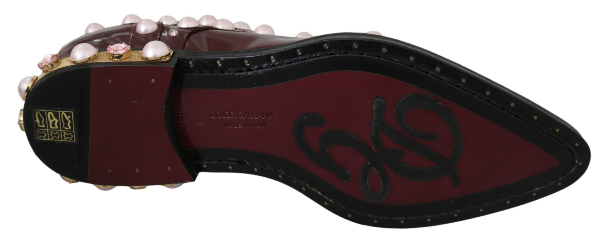 Dolce & Gabbana Elegant Bordeaux Lace-Up Flats with Pearls and Crystals - ACCEXO