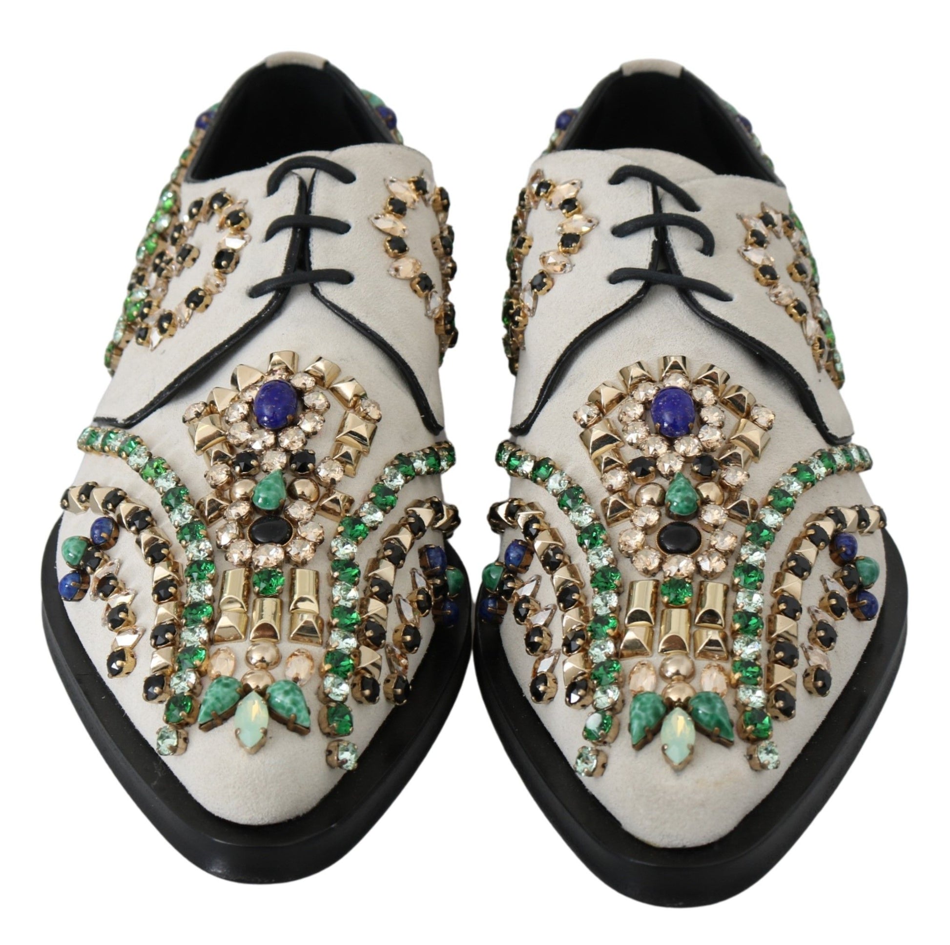 Dolce & Gabbana Elegant White Suede Dress Flats with Crystals - ACCEXO