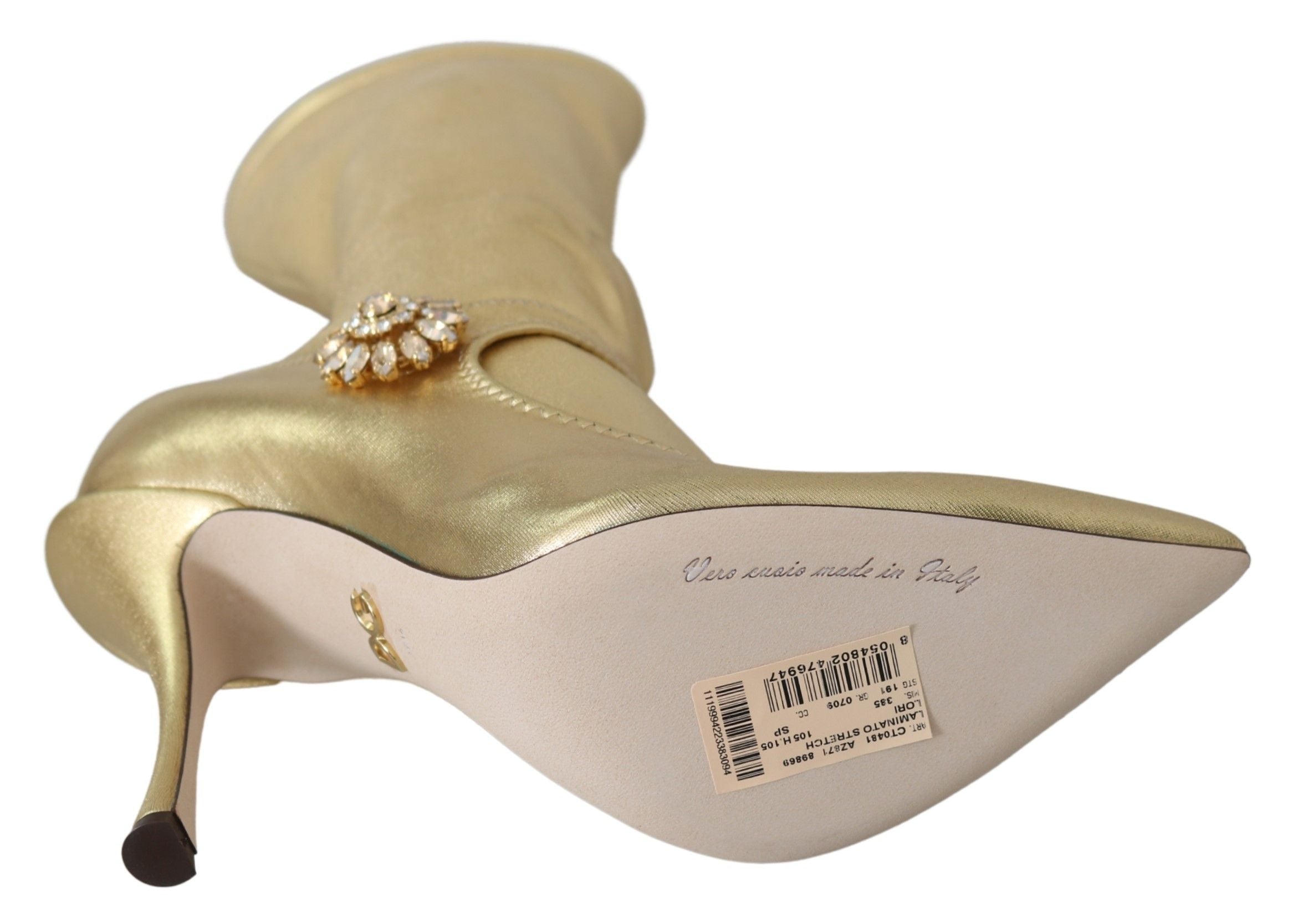Dolce & Gabbana Elegant Gold Ankle Boots Socks with Rhinestones - ACCEXO