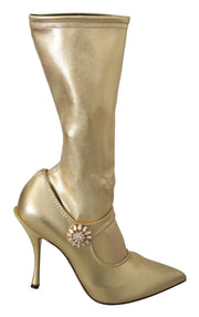Dolce & Gabbana Elegant Gold Ankle Boots Socks with Rhinestones - ACCEXO