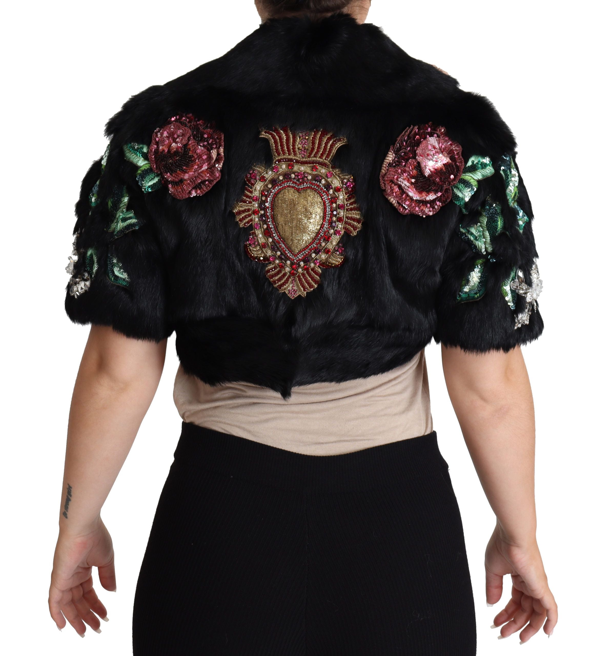 Dolce & Gabbana Elegant Black Rabbit Fur Crystal Jacket - ACCEXO