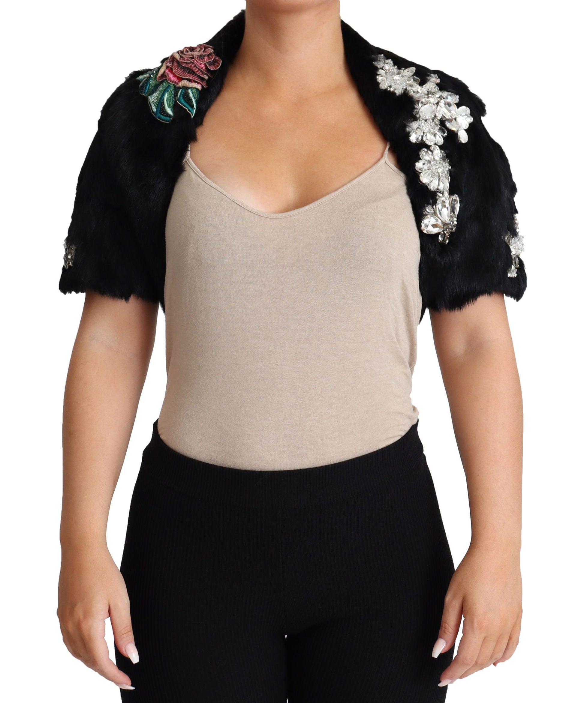 Dolce & Gabbana Elegant Black Rabbit Fur Crystal Jacket - ACCEXO