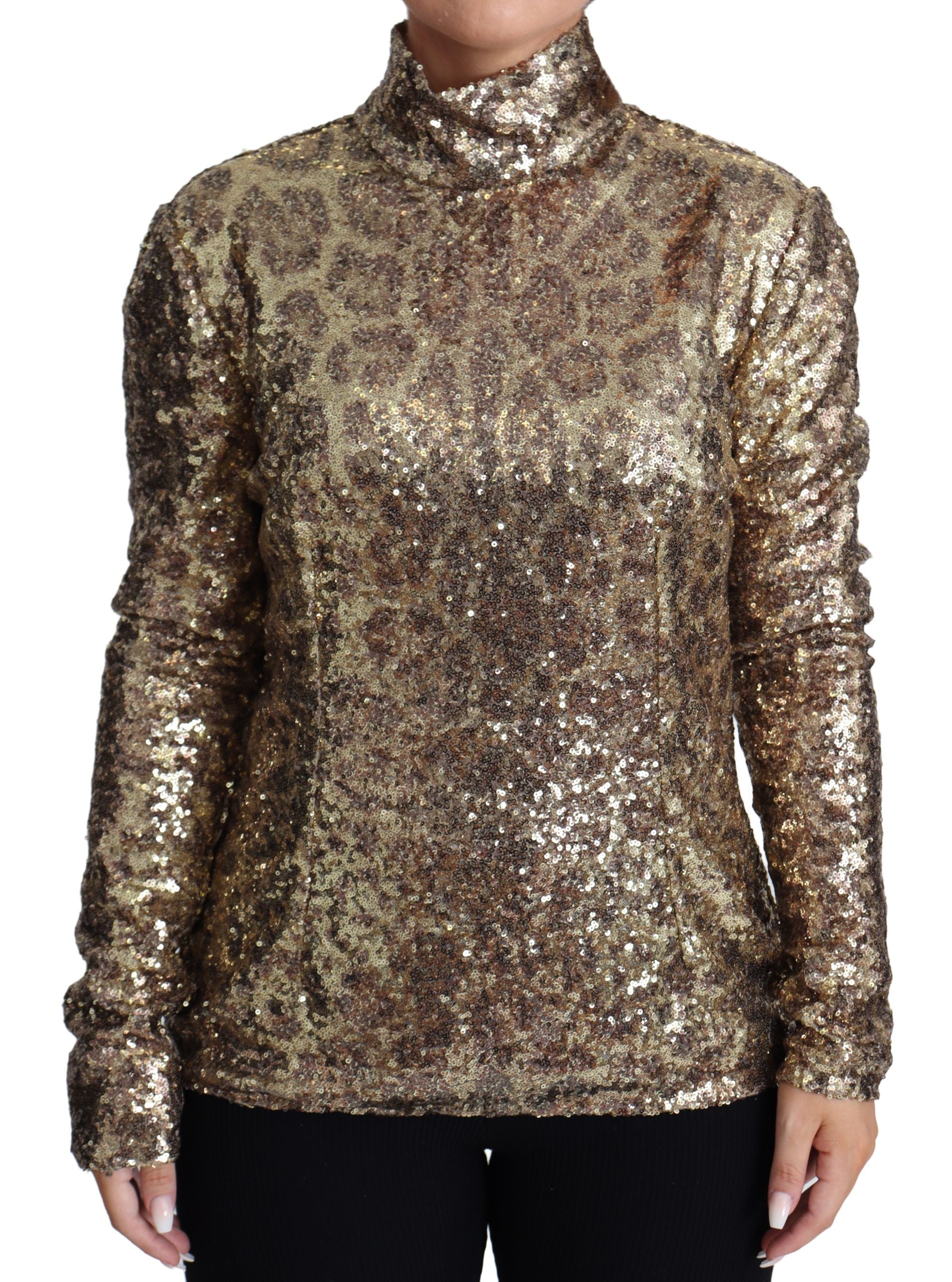 Dolce & Gabbana Sequined Turtleneck Full Zip Sweater in Brown - ACCEXO