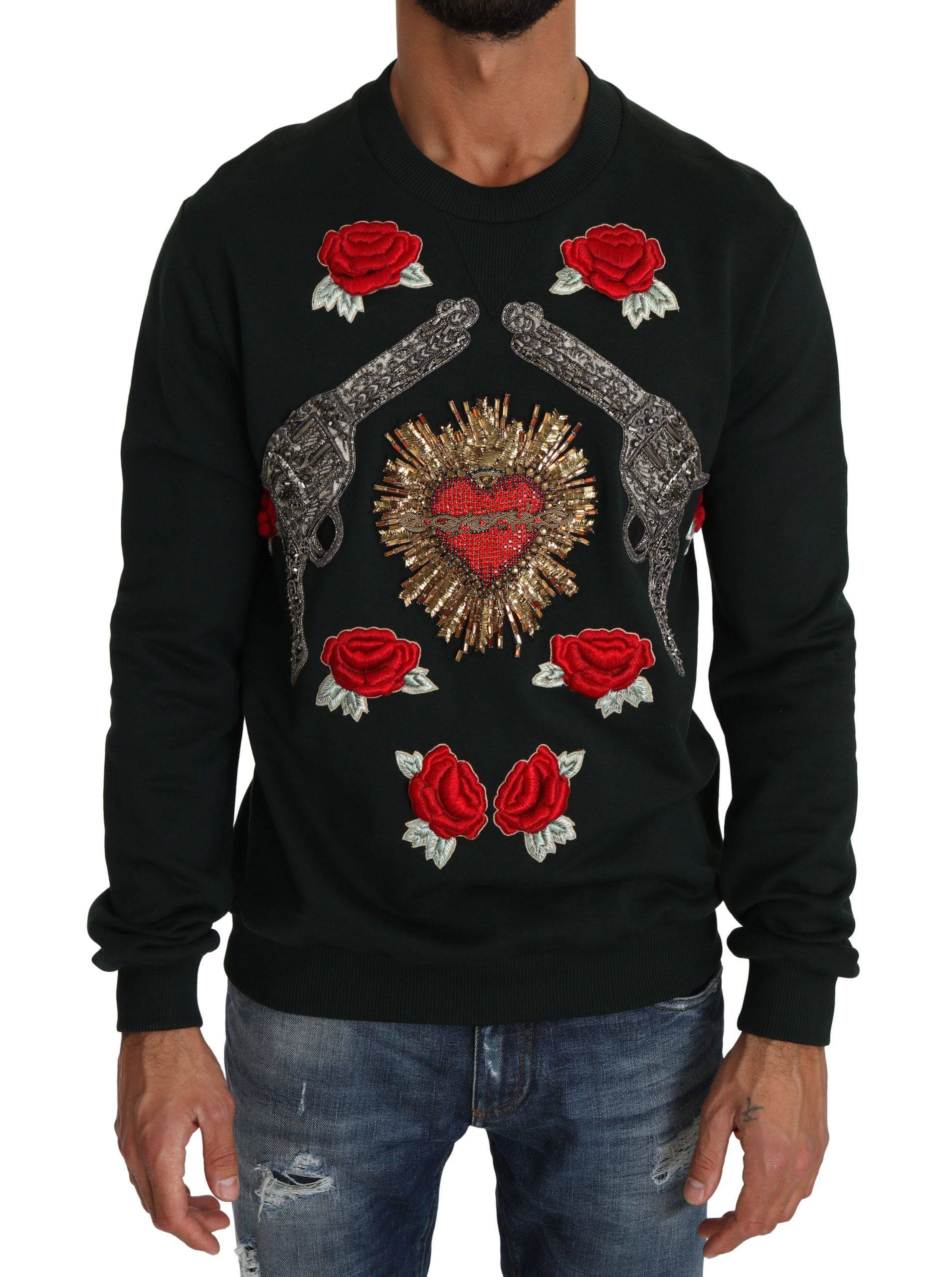 Dolce & Gabbana Emerald Cotton Sweater with Crystal Embroidery - ACCEXO