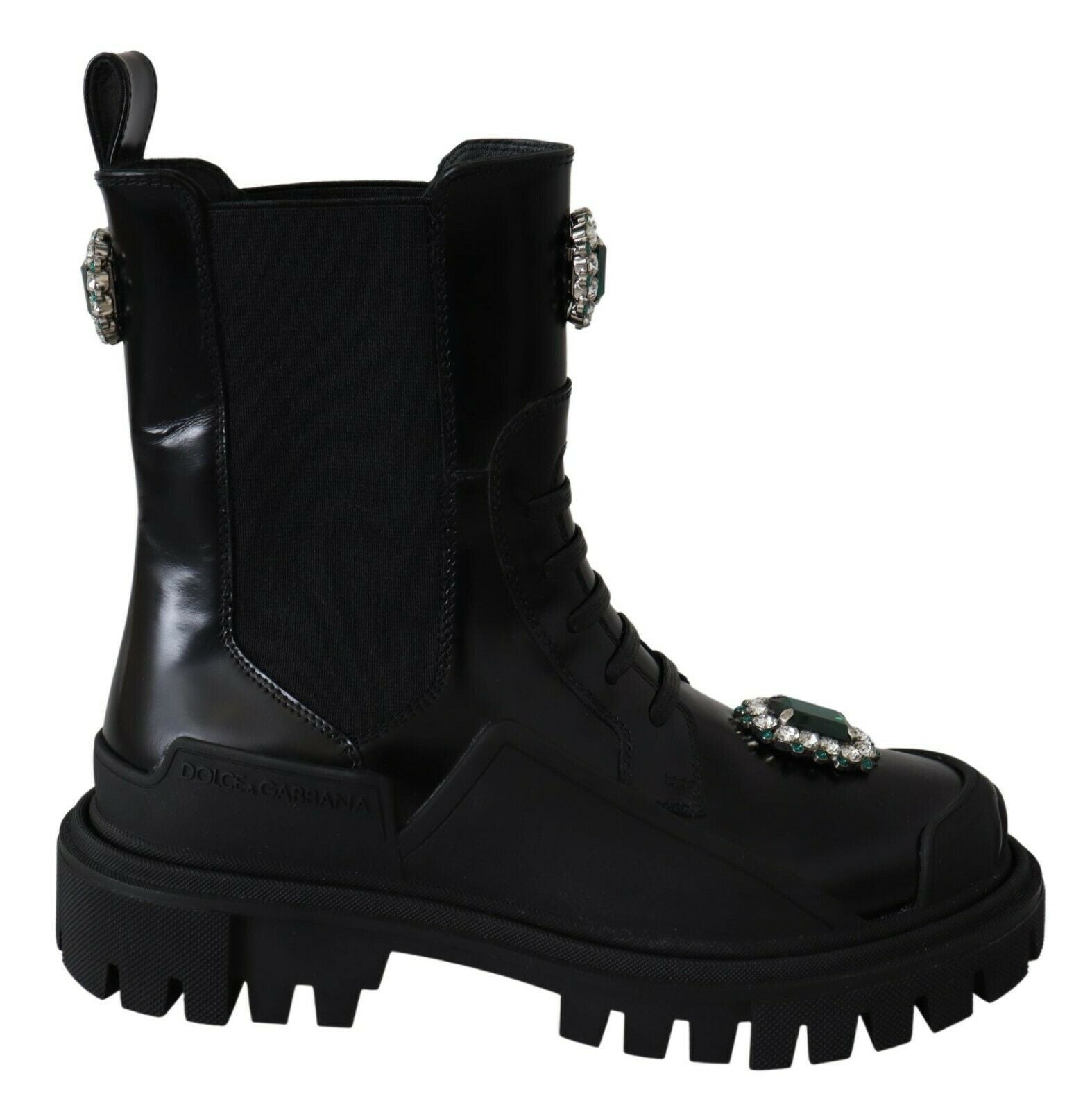 Dolce & Gabbana Elegant Black Leather Combat Boots with Crystal Detail - ACCEXO