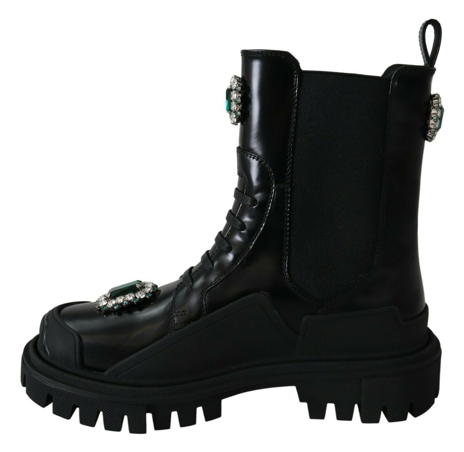Dolce & Gabbana Elegant Black Leather Combat Boots with Crystal Detail - ACCEXO