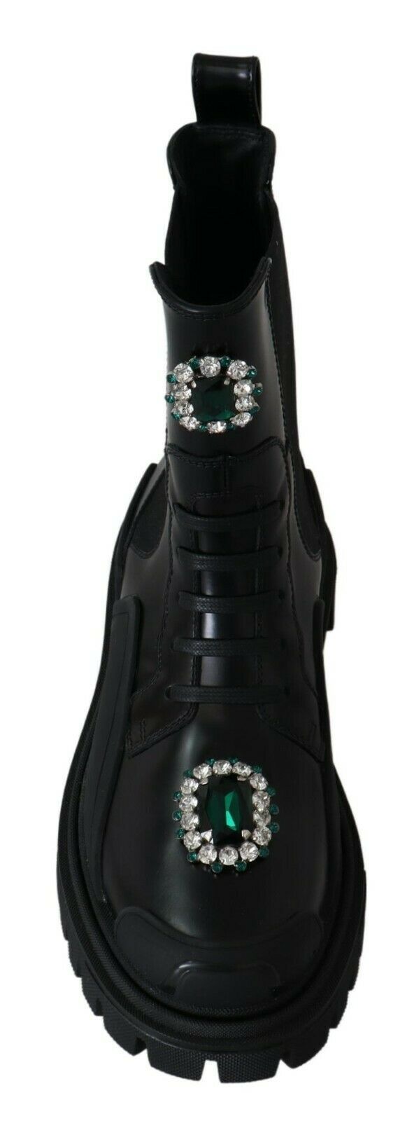 Dolce & Gabbana Elegant Black Leather Combat Boots with Crystal Detail - ACCEXO