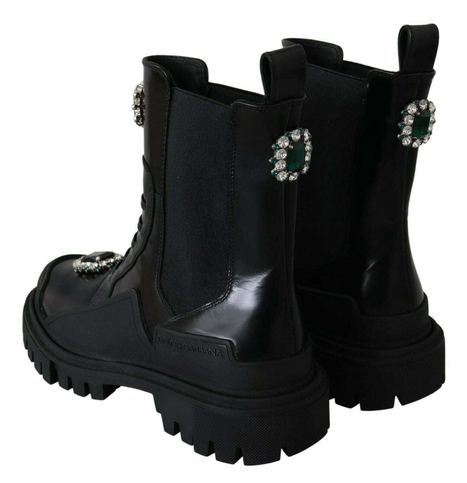 Dolce & Gabbana Elegant Black Leather Combat Boots with Crystal Detail - ACCEXO