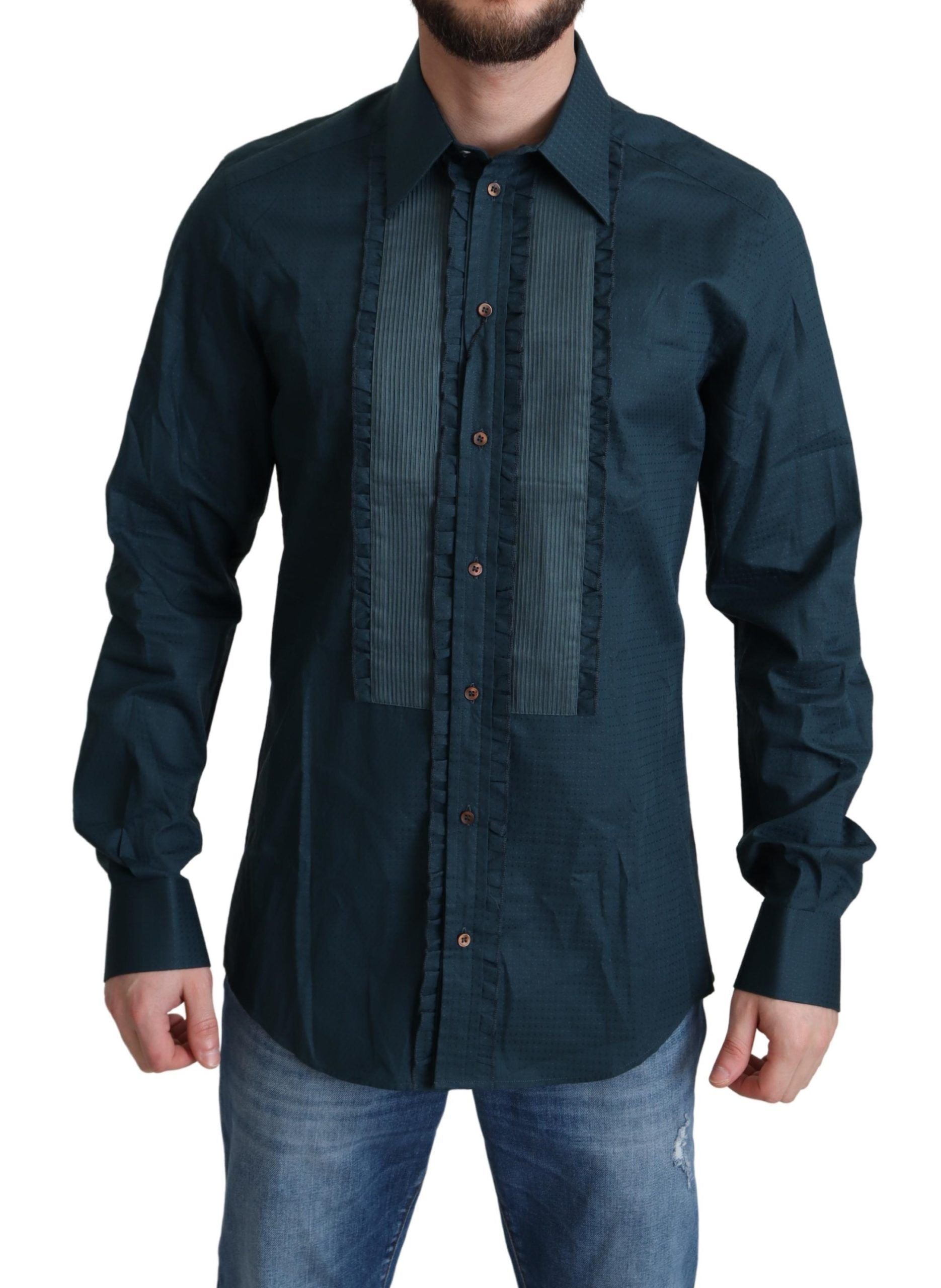 Dolce & Gabbana Elegant Blue Ruffled Tuxedo Shirt - ACCEXO