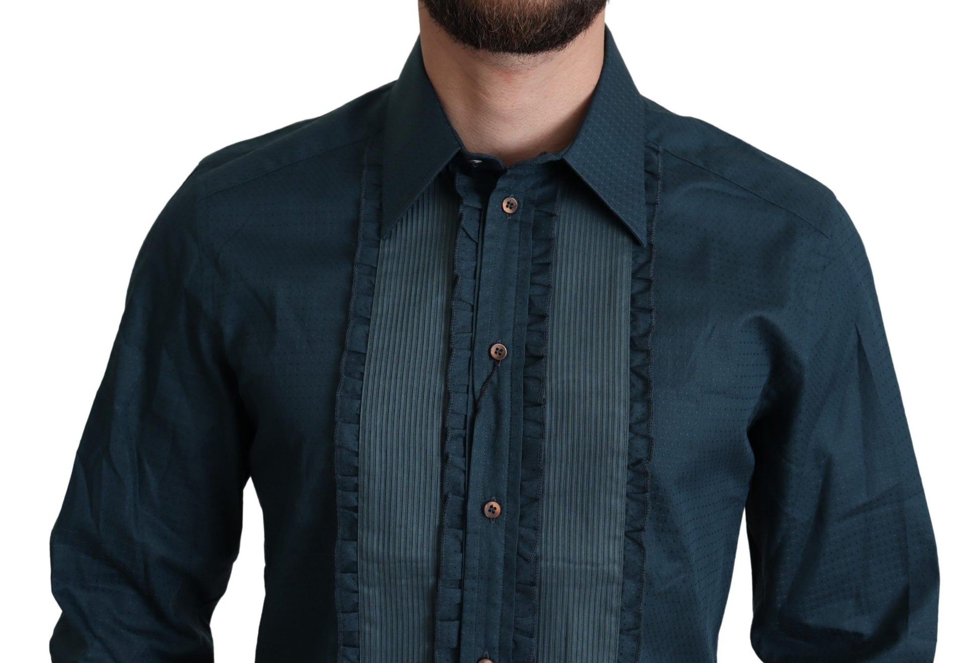 Dolce & Gabbana Elegant Blue Ruffled Tuxedo Shirt - ACCEXO