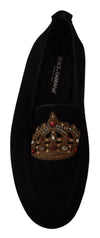 Dolce & Gabbana Elegant Black Leather Loafer Slides with Gold Embroidery