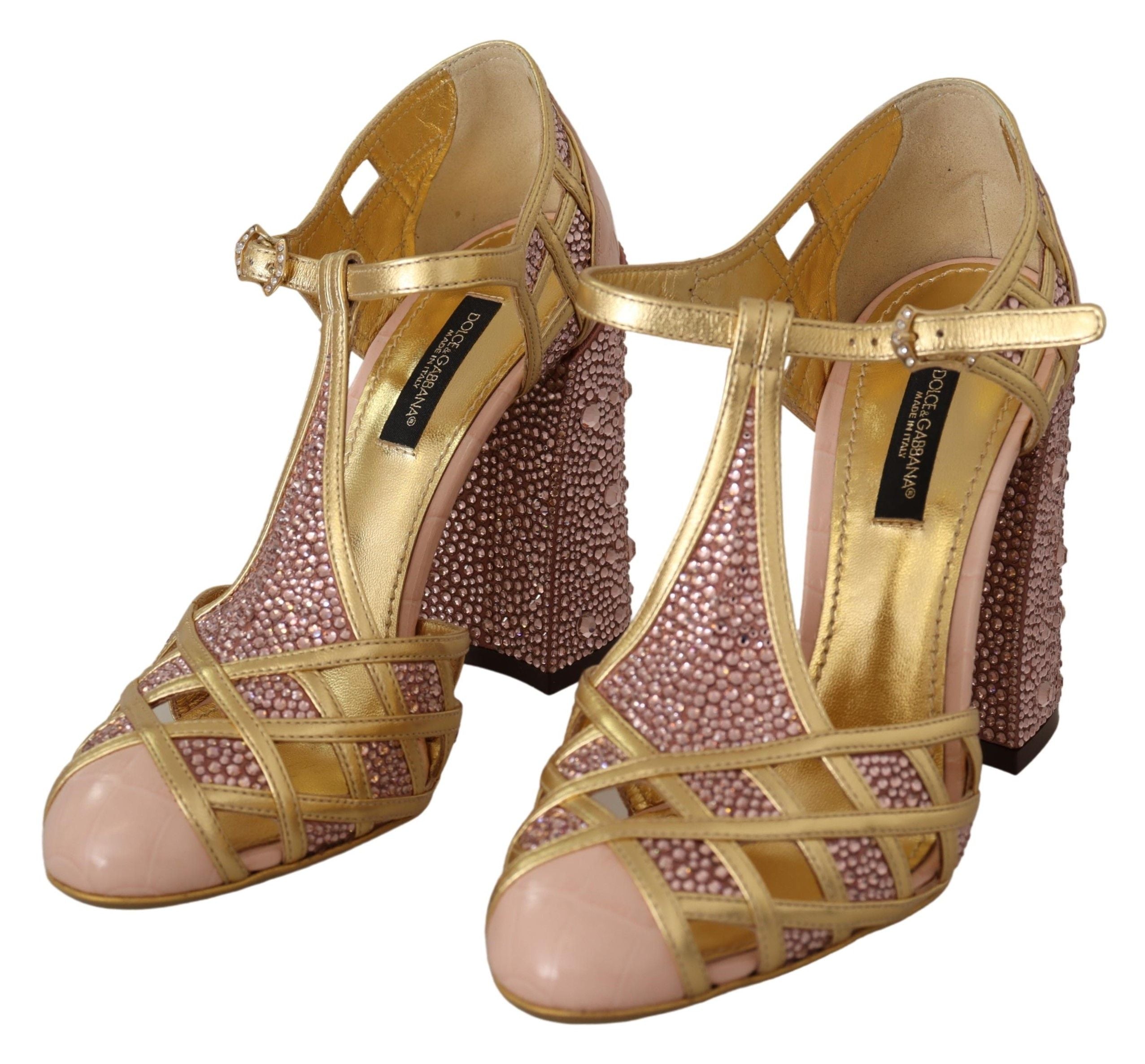Dolce & Gabbana Silk-Infused Leather Crystal Pumps in Pink Gold - ACCEXO