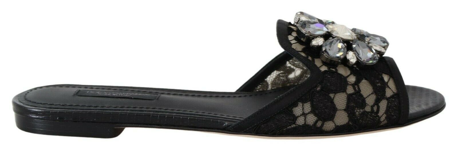 Dolce & Gabbana Elegant Black Lace Mules with Jewel Flower Detail - ACCEXO