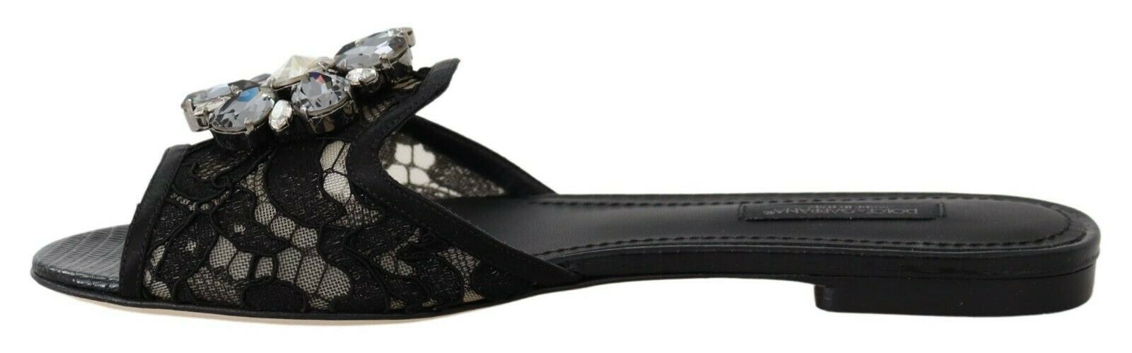 Dolce & Gabbana Elegant Black Lace Mules with Jewel Flower Detail - ACCEXO